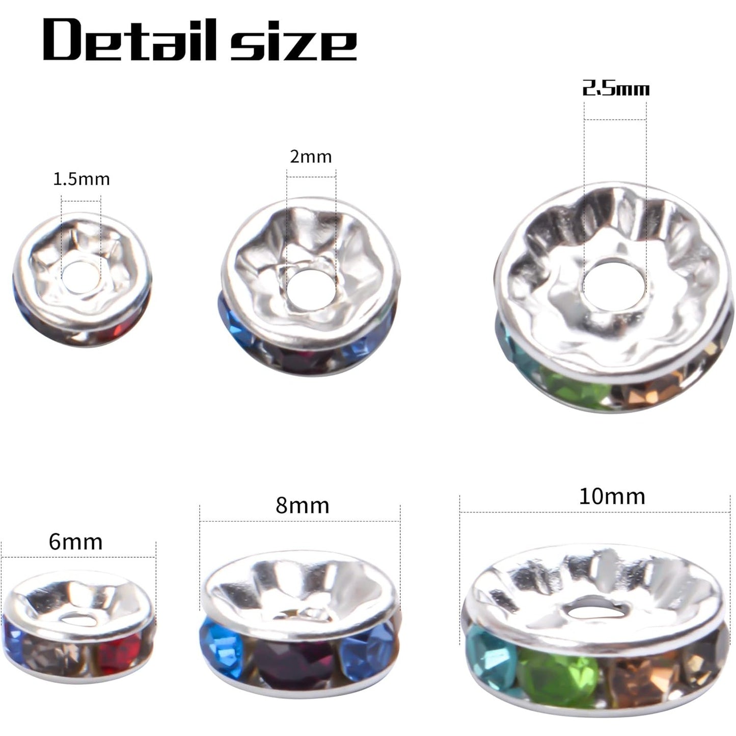 300pcs Multicolor Rhinestone Spacer Beads Mixed Crystal Rondelle Beads for Bracelets Necklaces Jewelry Making,6mm/8mm/10mm,Silver