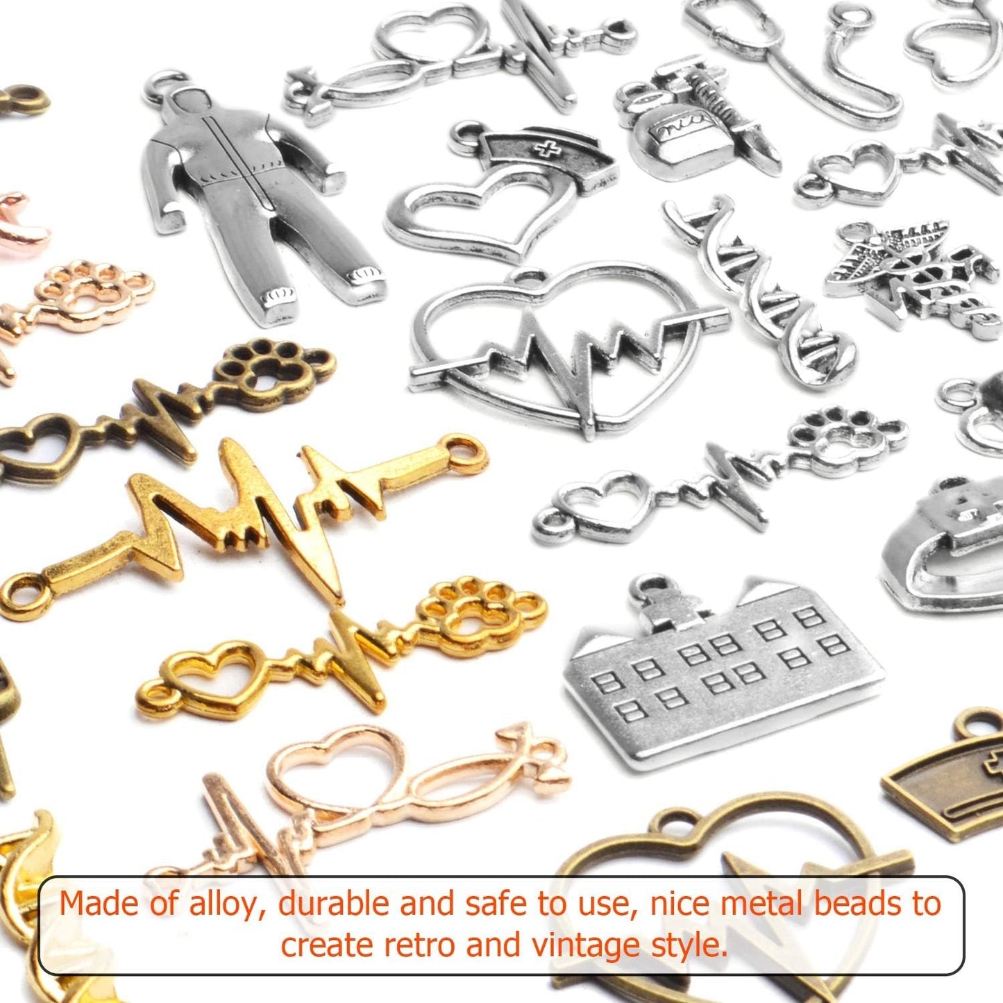 Medical Nurse Charms, 100g(about 40-70pcs) Tibetan Medical Crafts Pendant Mixed Alloy Hospital Nurse Stethoscope Syringe Nurse Cap Hat Charms Accessory for DIY Jewelry Making Crafting