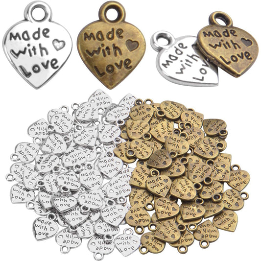 100pcs Peach Heart Shape MADE WITH LOVE Charm pendant for DIY Crafting jewelry Making(Antique Silver and Bronze)