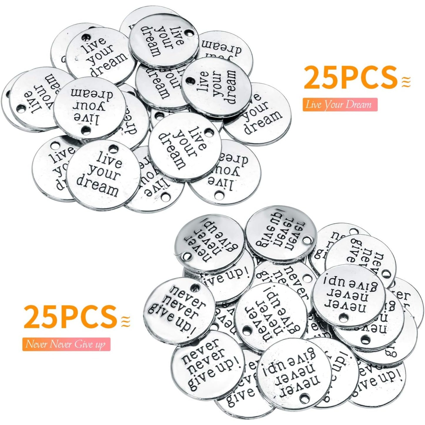 50pcs Inspirational Words Charm Antique Silver Flat Message Pendants Jewelry Findings Making Accessory for Crafting Necklace Bracelet