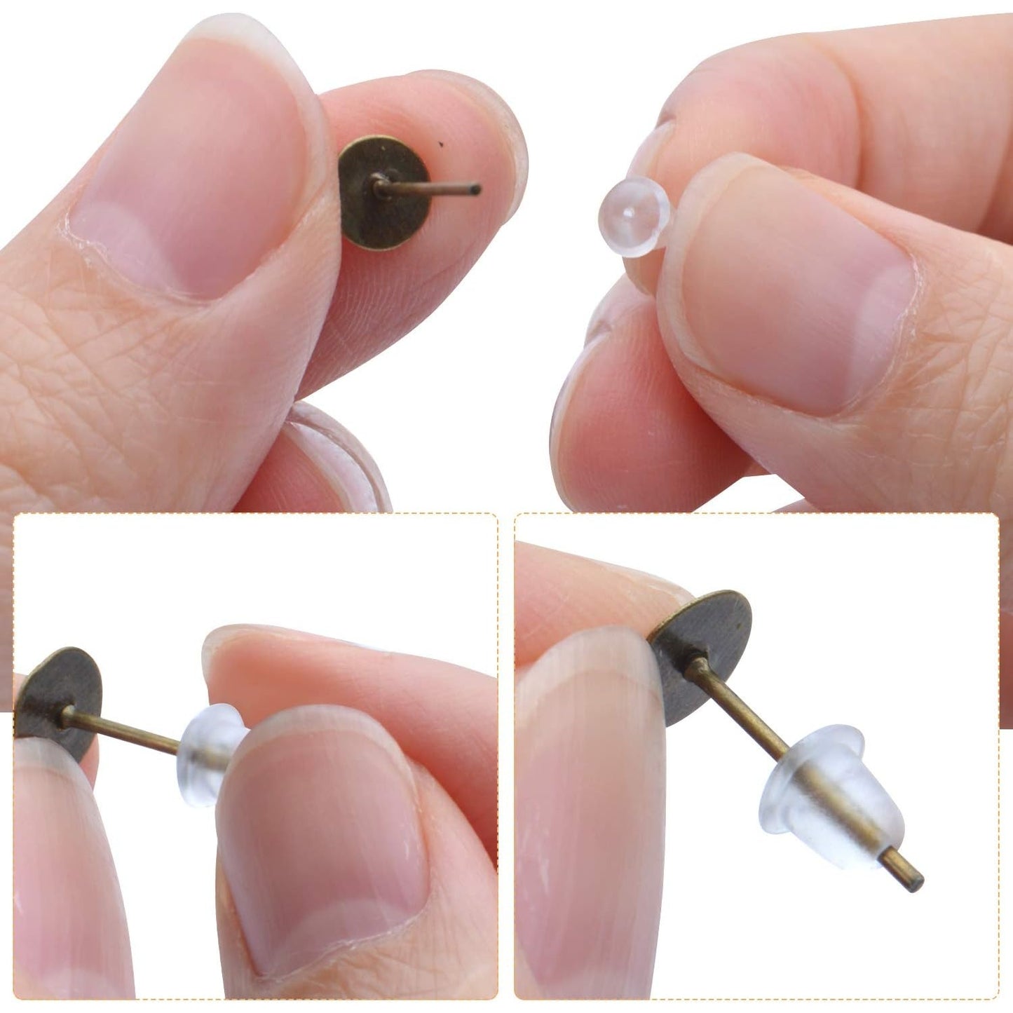300pcs Stainless Earring Posts Flat Pads with 300pcs Clear Bullet Earring Backs for Jewelry Making,Gold Silver Bronze