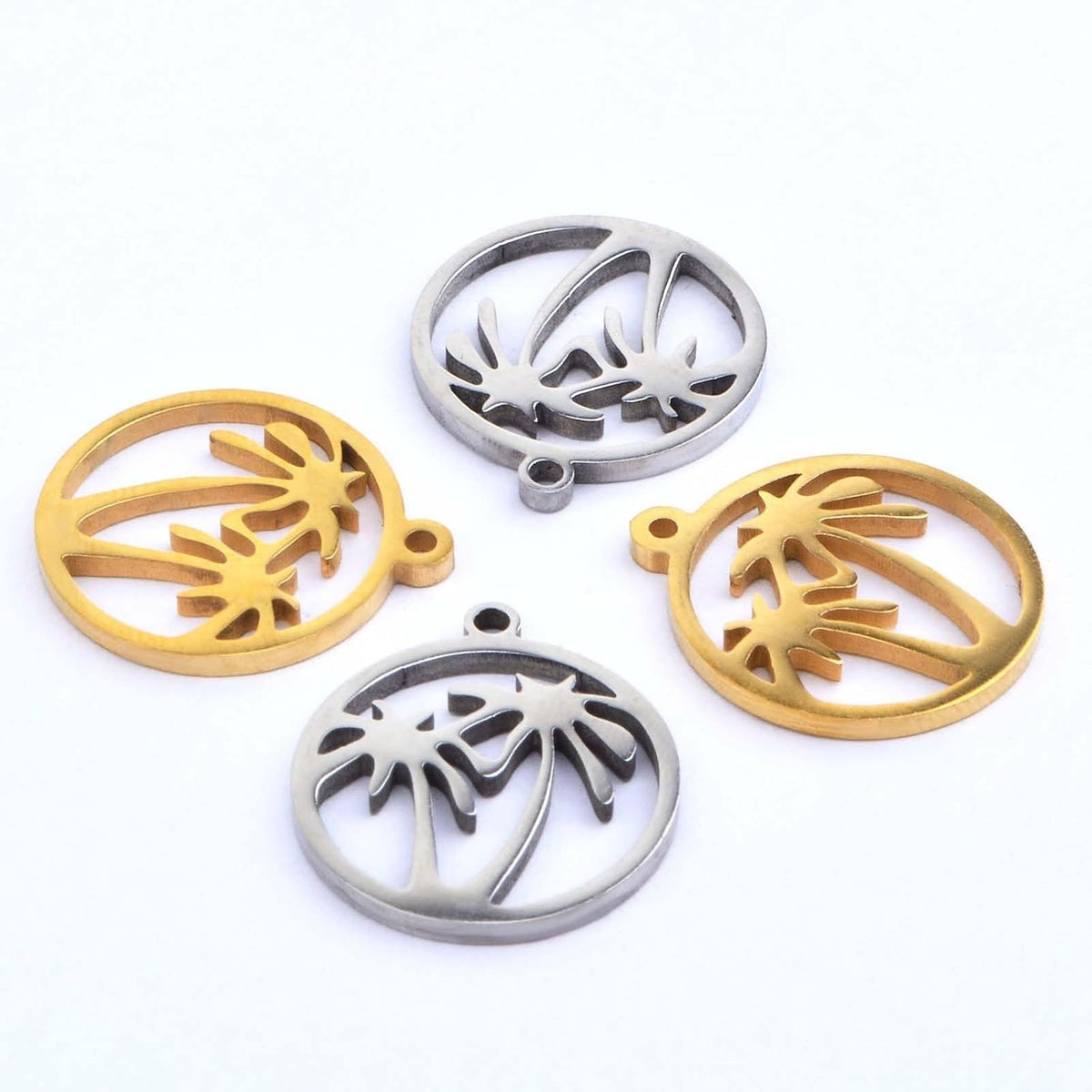 10pcs 2 Colors Stainless Steel Round Ring with Coconut Tree Charms Hypoallergenic Hawaii Tropical Plant Tree Pendants for DIY Necklace Bracelet Keychains Jewelry Making