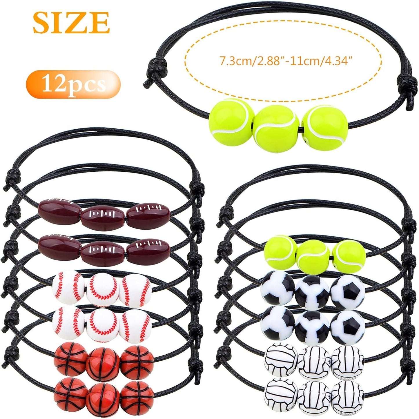 12pcs Adjustable Sport Theme Ball Charm Bracelets Soccer Basketball Baseball Volleyball Tennis Rugby Bracelet Wristbands Friendship for Teens Students Sport Team Players, 6 Styles