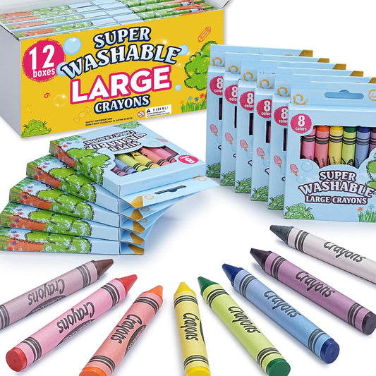 HENDEVL Super Washable Jumbo Crayons Bulk, 12 Pack Crayons with 8 Bright Colors, Non-Toxic Easy-Grip for Toddlers 1-3 & Kids Ages 4-8, Safe Art Supplies for Coloring Books & School Projects