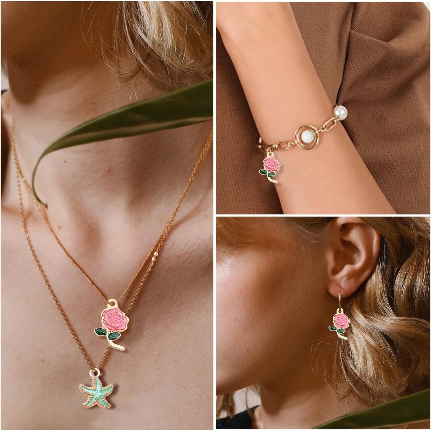 24pcs Enamel Rose Flower Charms Lovely Flower Bead Romantic Dangle Pendants Jewelry Findings for DIY Earrings Necklace Bracelet Valentine's Gifts, 3 Colors