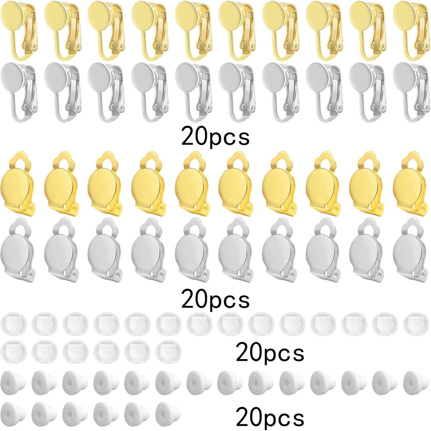40pcs 2 Styles Clip-on Earring Converters Brass Round Flat Back Tray Earring Clips Components with 40pcs Earring Pads for DIY Earrings Jewelry Making Findings, 2 Colors