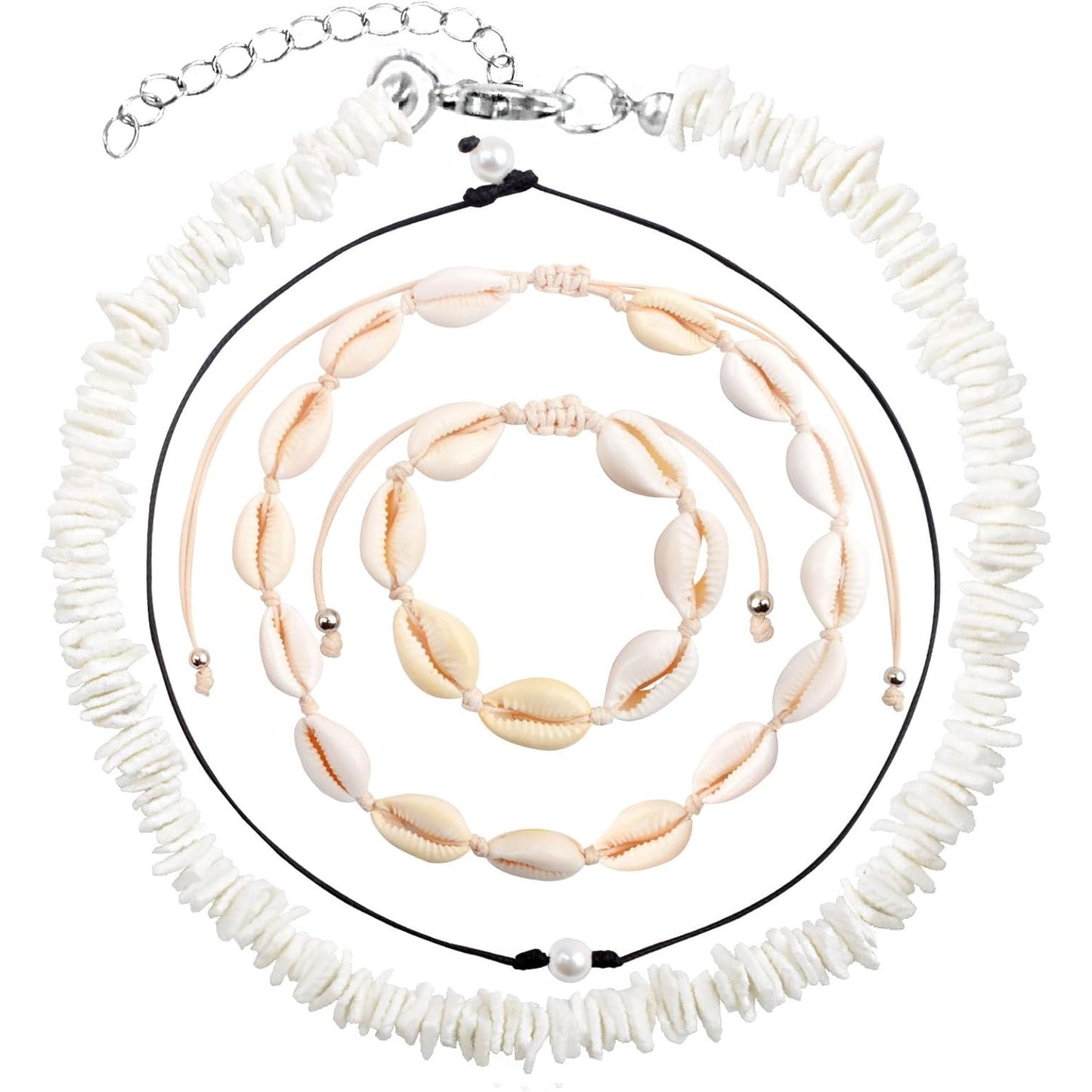 4pcs Puka Shell Necklaces Adjustable Natural Seashell Pearl Bead Choker Necklace Handmade Cowrie Shells Surfer Bracelet Hawaiian Summer Beach Boho Jewelry Set for Women Gifts