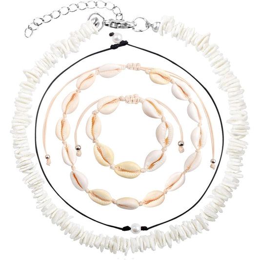 4pcs Puka Shell Necklaces Adjustable Natural Seashell Pearl Bead Choker Necklace Handmade Cowrie Shells Surfer Bracelet Hawaiian Summer Beach Boho Jewelry Set for Women Gifts