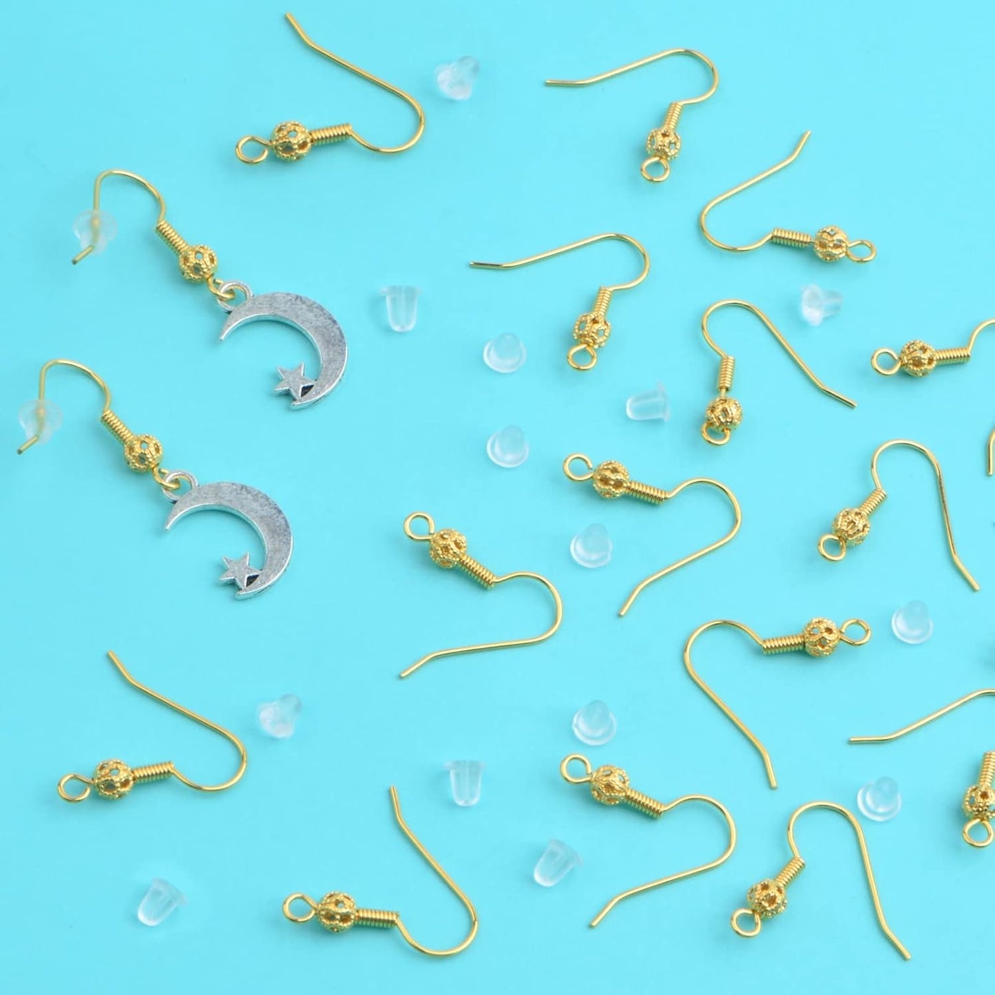 30pcs Golden Hypoallergenic Earring Fish Hooks Brass French Hollow Flower Ball Earwire Hooks and 30pcs Clear Earring Safety Backs for DIY Earrings Jewelry Making Supplies