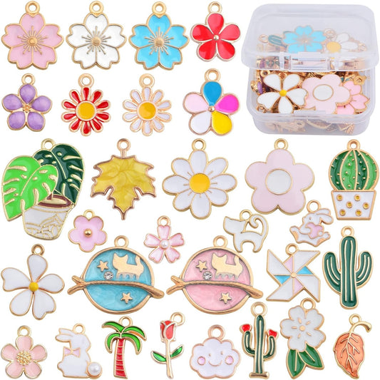 30pcs Assorted Enamel Floral Themed Flower Plant Series Charms Cute Rose Cactus Tree Leaf Dangle Pendants with a Plastic Box for DIY Necklace Earrings Jewelry Making Supplies