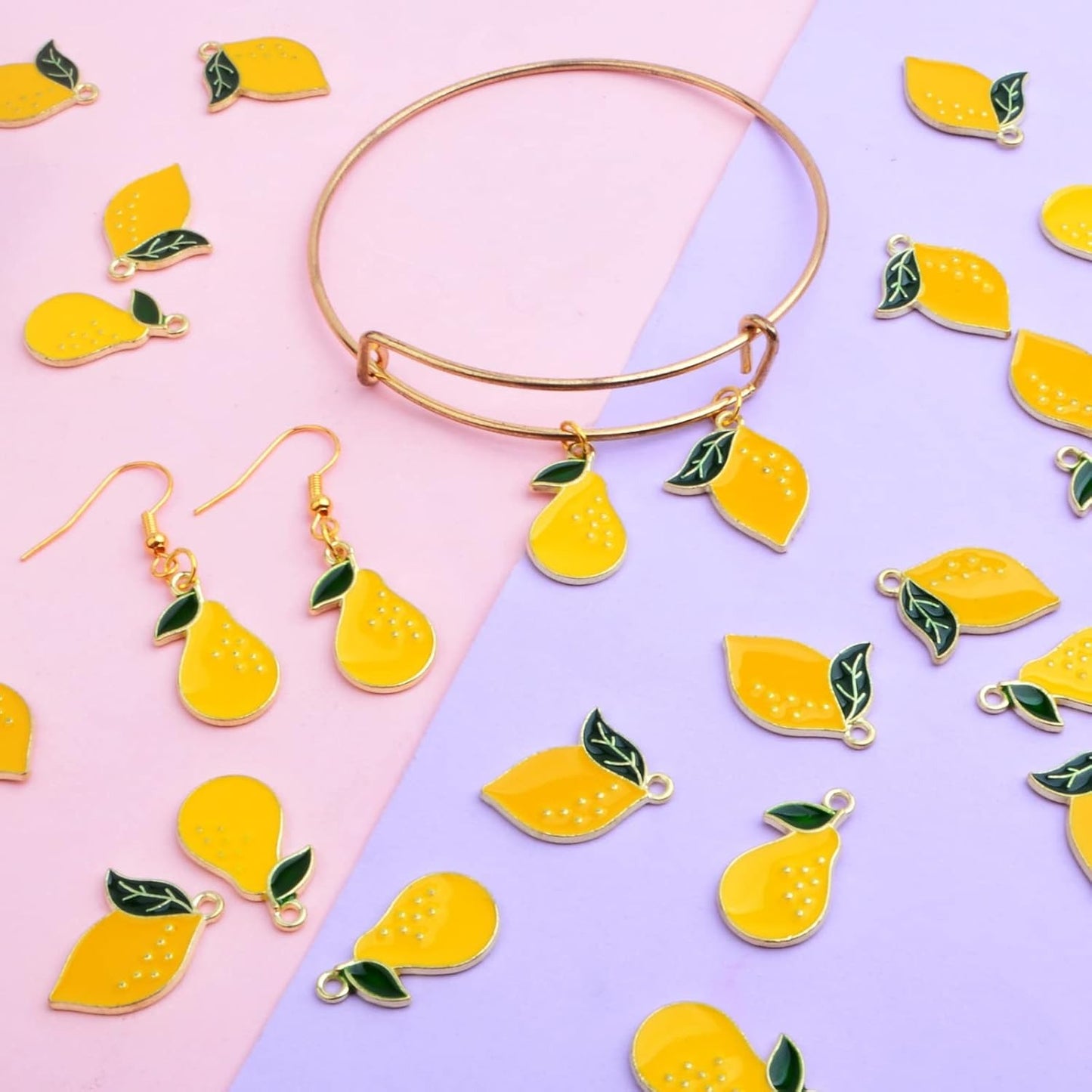 40pcs Faux Fruit Pendant Charms Yellow Enamel Alloy Lemon Pear Dangle Pendants Craft Accessories for DIY Necklace Bracelet Earring Jewelry Making Decor