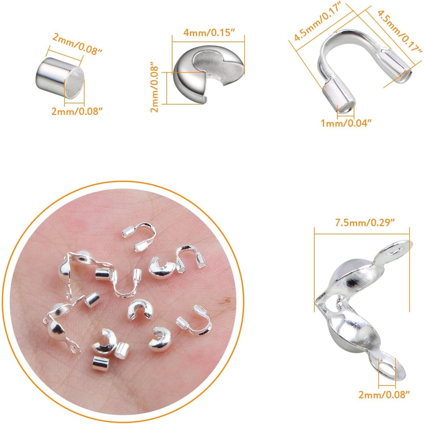 900pcs Silver Metal Tube Crimp Beads Half Round Open Crimp Beads Knot Covers Wire Guardians Bead End Tips with a Box for DIY Bracelet Necklace Jewelry Making Supplies, 4 Styles