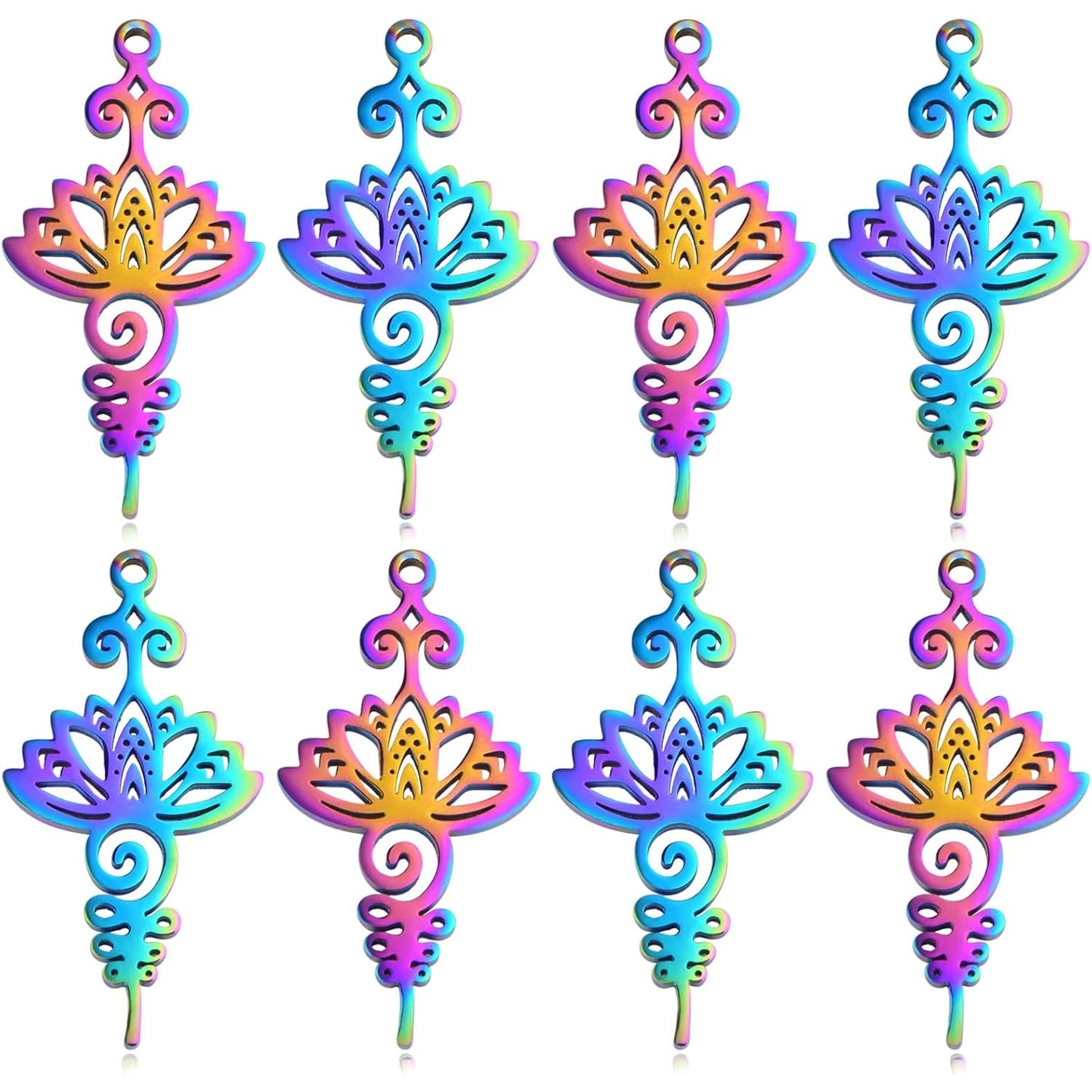 10pcs Stainless Steel Lotus Flower Charms Hollow Lotus Flower Sword Dangle Pendants Craft Supplies for DIY Necklace Bracelet Jewelry Making Findings, Rainbow Color