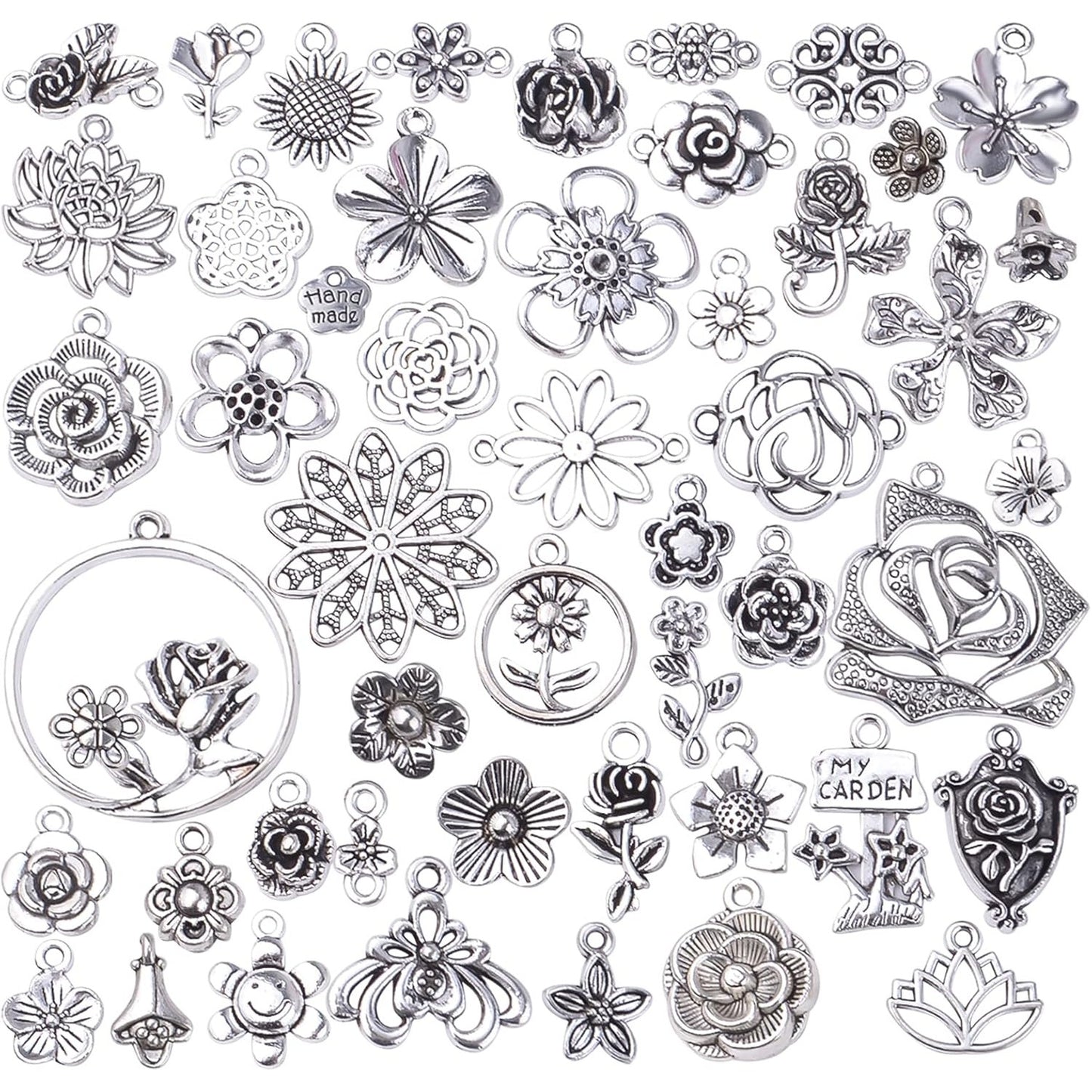 50pcs Mixed Styles Rose Flower Charms Tibetan Alloy Romantic Pendants Flower Beads Connectors Charms for DIY Necklace Bracelet Jewelry Making Birthday Christmas Valentine's Favor