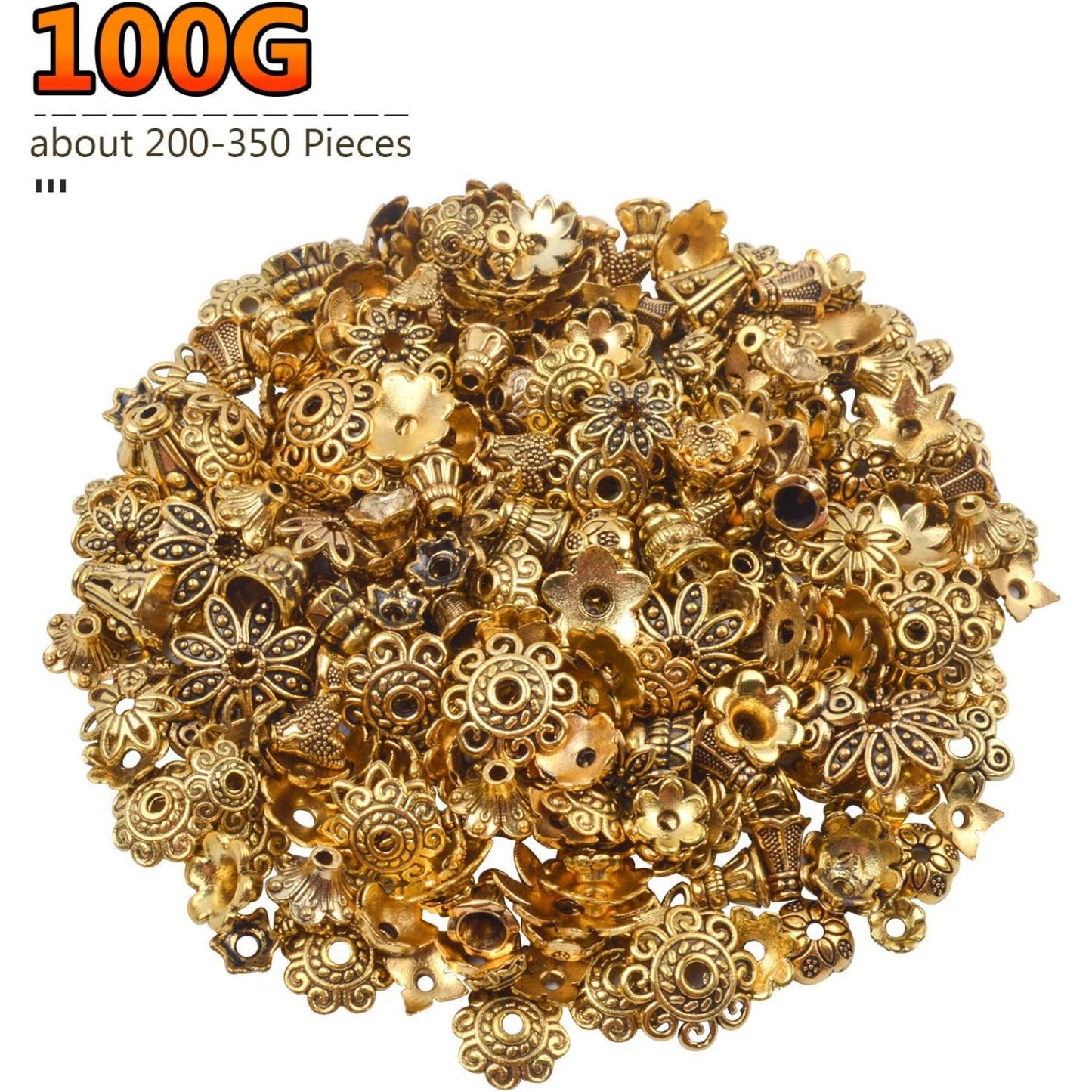 100 Gram(About 250-350pcs) Bali Style Jewelry Making Metal Bead Caps Deluxe New Mix,Antique Gold