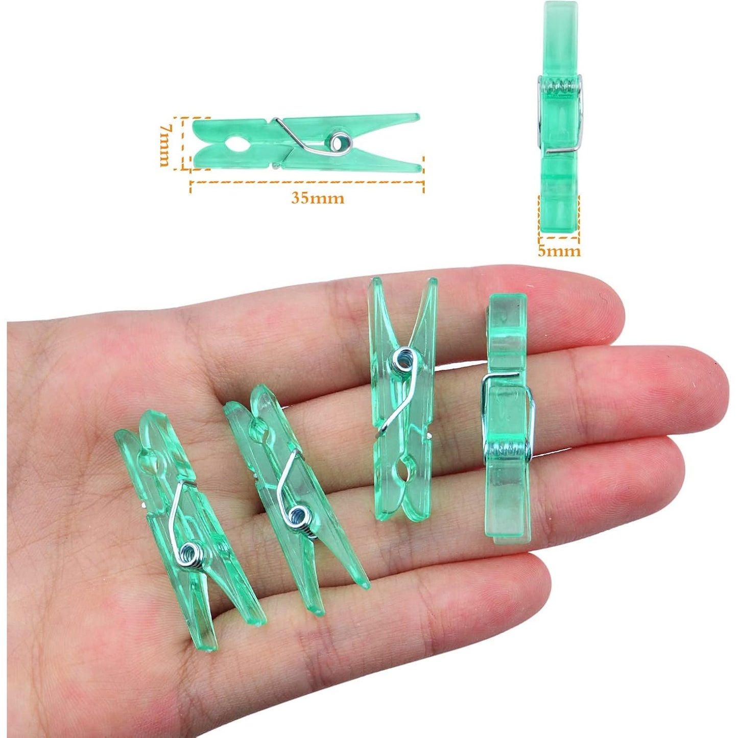 100pcs Green Plastic Clothespins Mini Clear Clips Hanging Pictures Paper Peg Pins for DIY Arts Crafts and Wedding Party Photo Holder Card Decoration, 34 x 7 x 5 mm