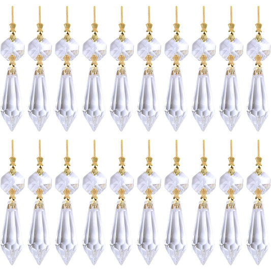 20 Pieces Replacement Clear Chandelier Icicle Crystal Prisms Octogan Crystal Bead for Lamp Decoration,38mm,Gold Bow Tie Connectors