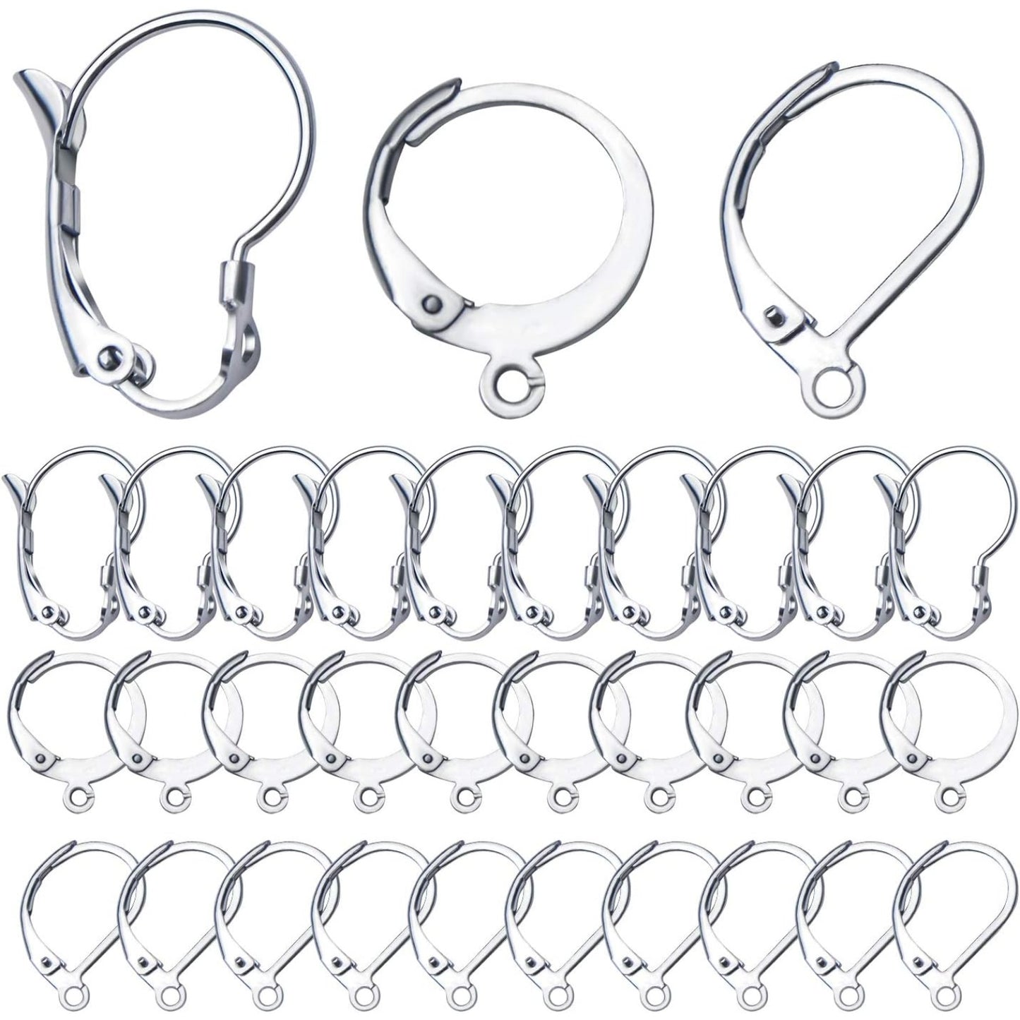 30pcs Stainless Steel Leverback Earrings Hooks: Round, Oval, Gourd - Silver