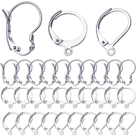 30pcs Stainless Steel Leverback Earrings Hooks: Round, Oval, Gourd - Silver