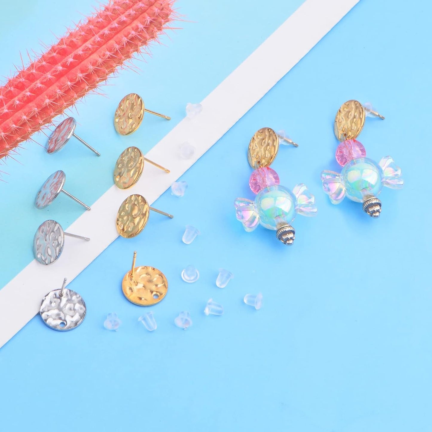 50pcs 12 mm Wavy Pattern Blank Flat Round Stud Earring Findings Stainless Steel Earring Posts with Loop and 50pcs Clear Silicone Earring Backs for DIY Jewelry Making, 2 Colors