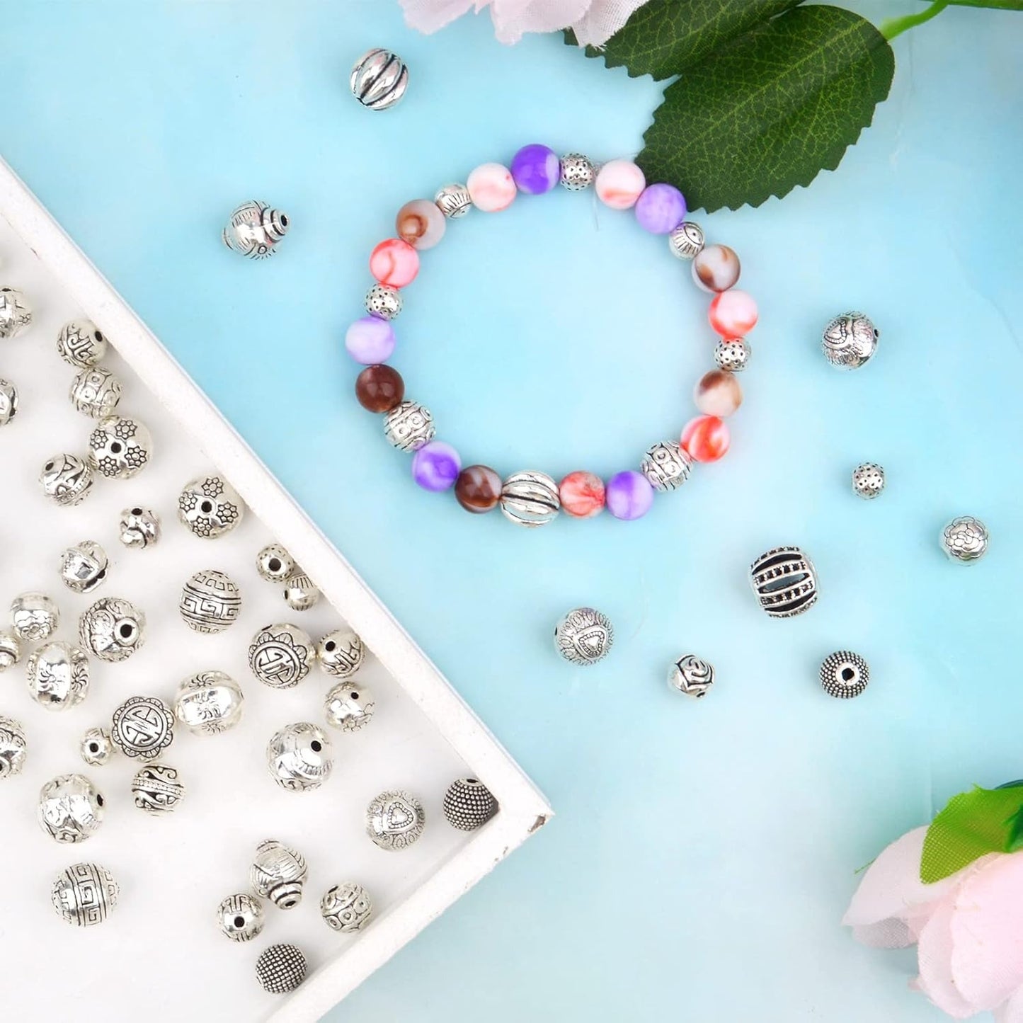 100 Gram Antique Silver Mixed Round Spacers Beads Tibetan Alloy Vintage Charm Beads Loose Spacer Beads for DIY Bracelet Necklace Jewelry Making