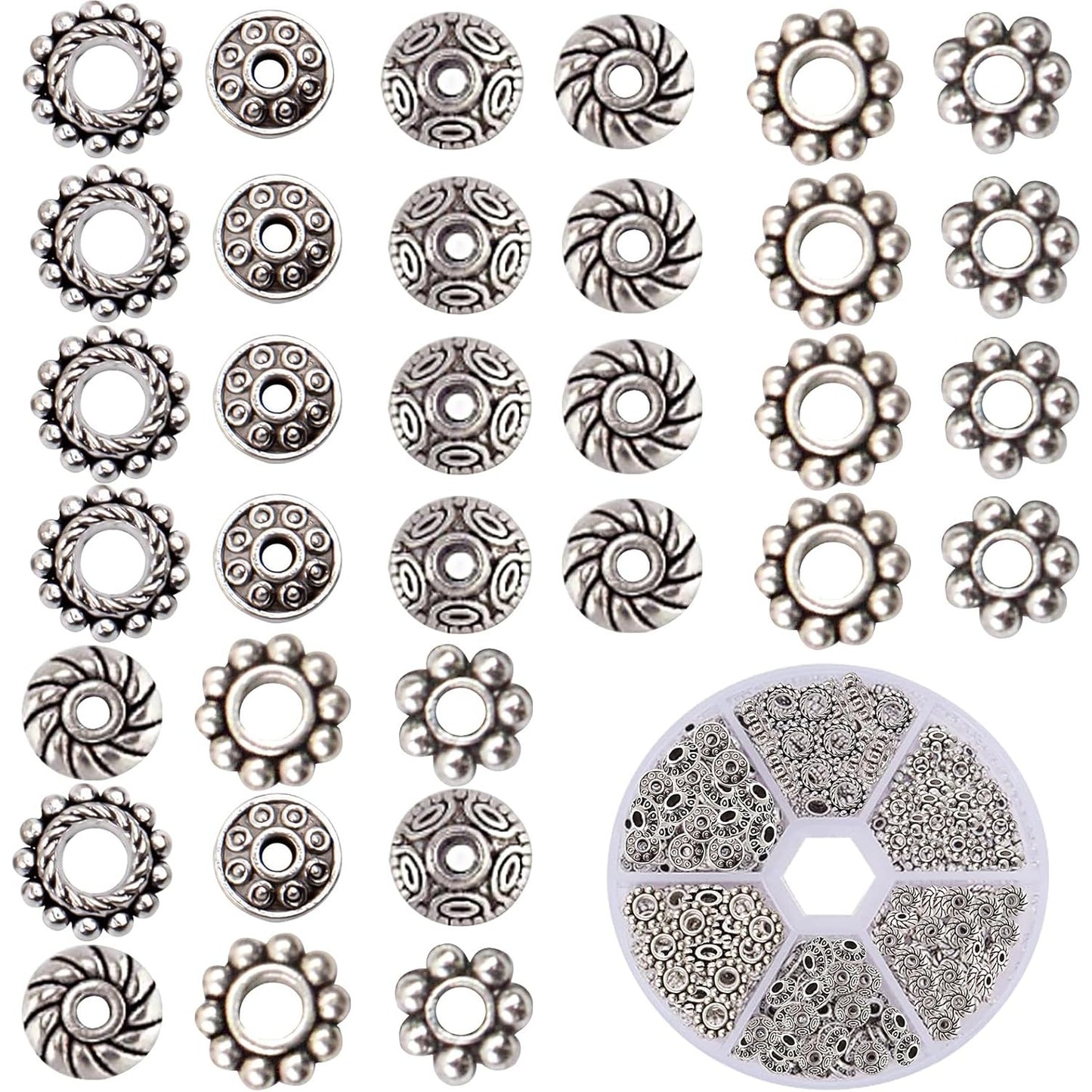 1 Box 300pcs 6 Styles Antique Silver Spacer Beads Tibetan Alloy Flower Charm Loose Bead Small Flat Round Rondelle Spacers Bulk for DIY Crafts Bracelets Earrings Jewelry Making