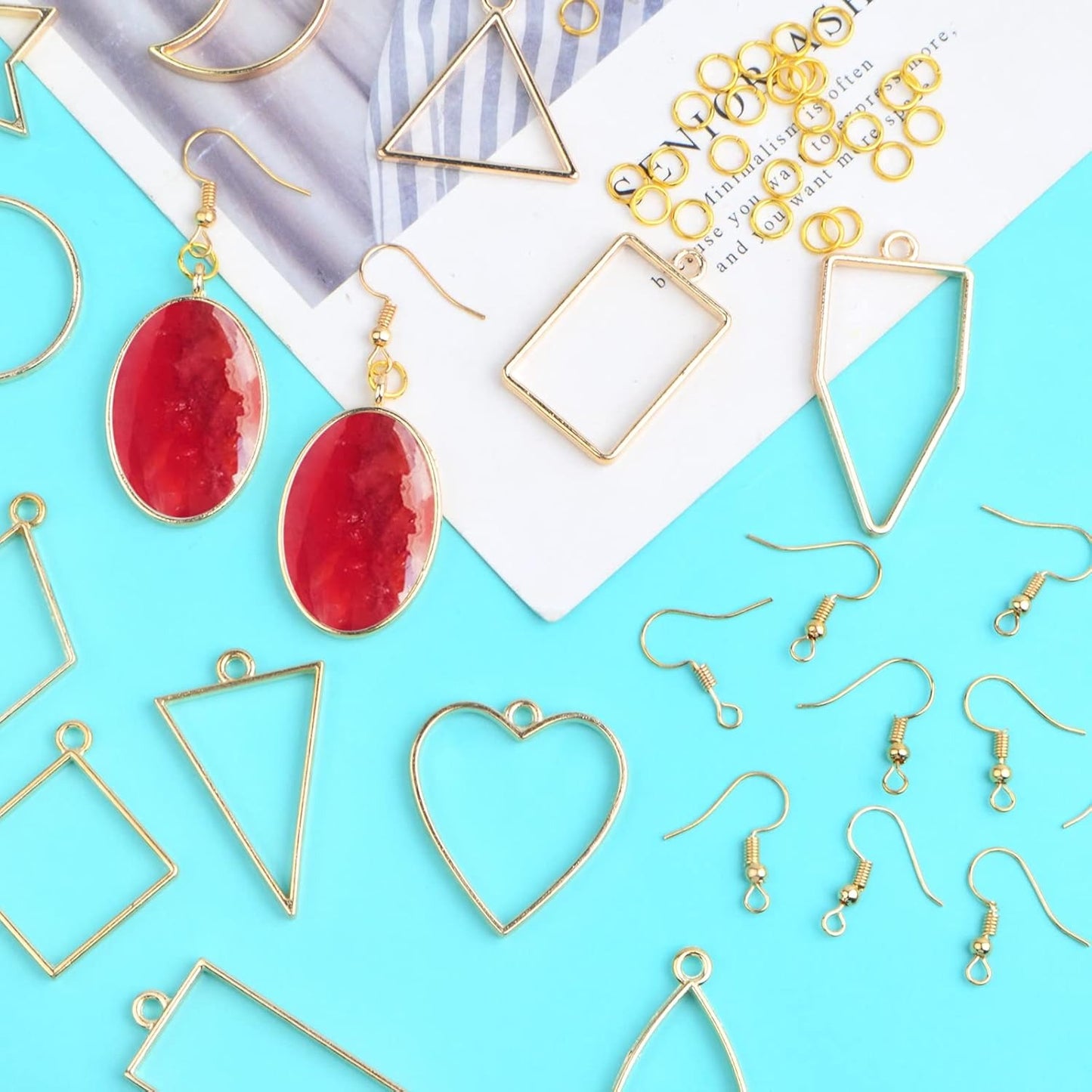 28pcs 14 Styles Hollow Frame Pendants Resin Craft Open Bezels Pendants Molds and 28pcs Earring Hooks with 28pcs Open Jump Rings for Resin Casting Earrings Jewelry Making Supplies