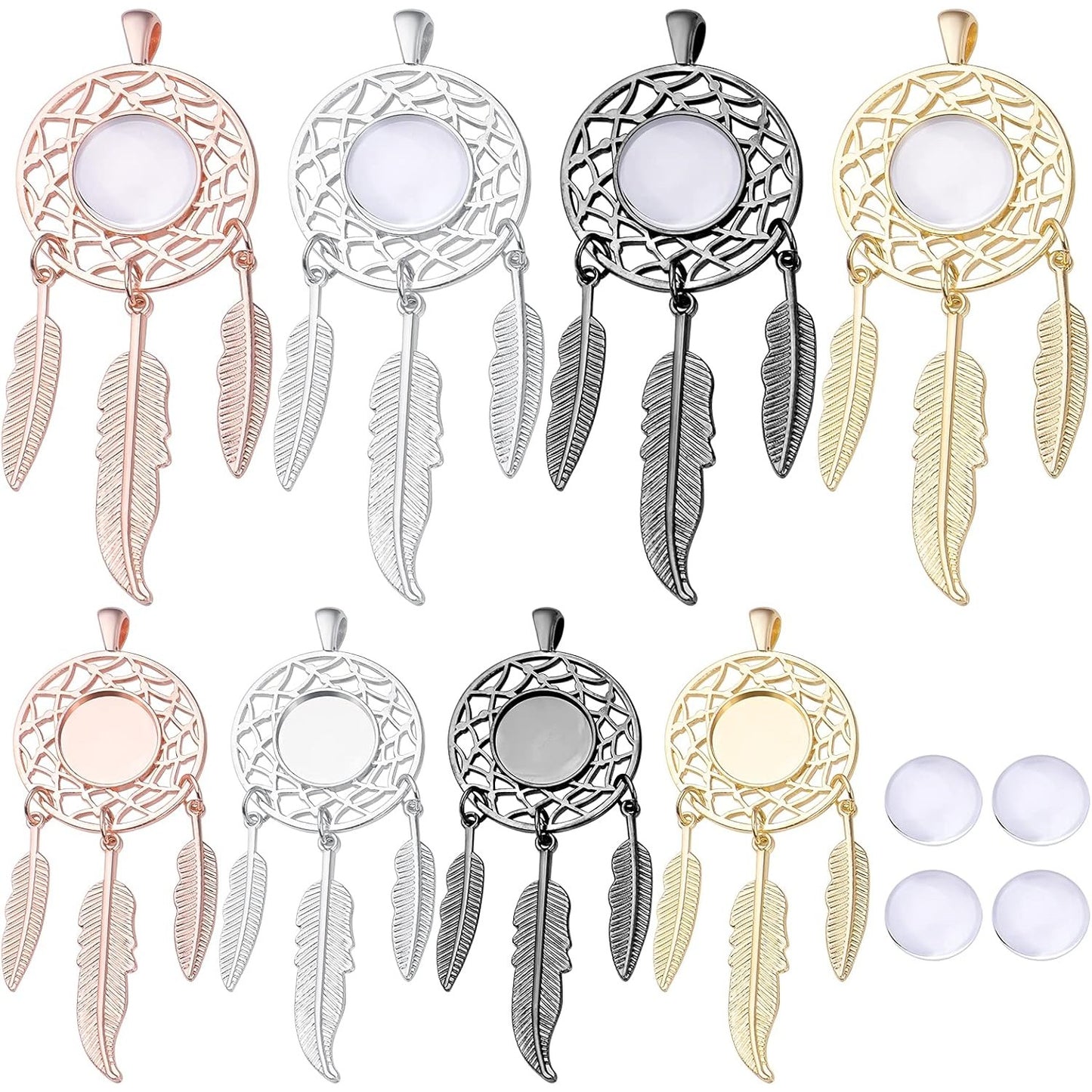 8 Sets Dream Catcher Pendant Trays Dangling Dreamcatcher Charms Feather Filigree Pendants Ornament with Clear Dome Glass Cabochons for DIY Jewelry Making, 4 Colors