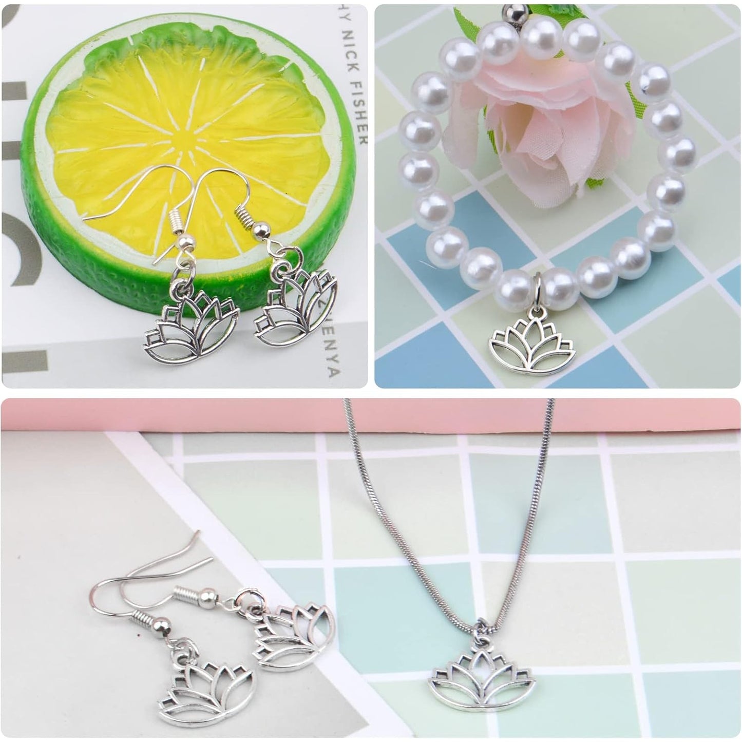 100pcs Lotus Charm Pendants Alloy Yoga Lotus Flower Charms Beads Charms Pendants Craft Supplies for DIY Necklace Bracelet Jewelry Making Crafting Accessory