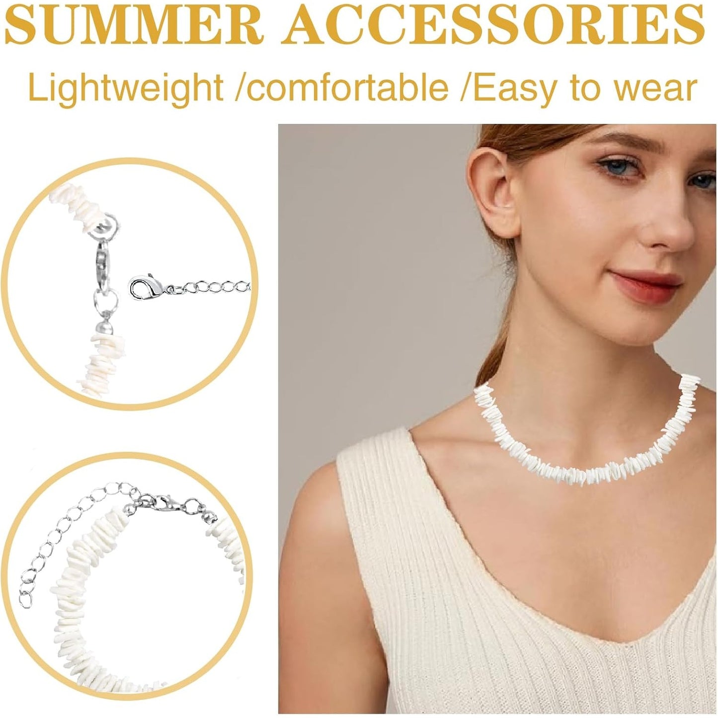 White Puka Shell Necklace Hawaiian Seashell Beach Surfer Choker Adjustable Handmade Beaded Summer Pooka Shells Clam Chips Necklace Bracelet Jewelry Set for Adult Teens Men Women