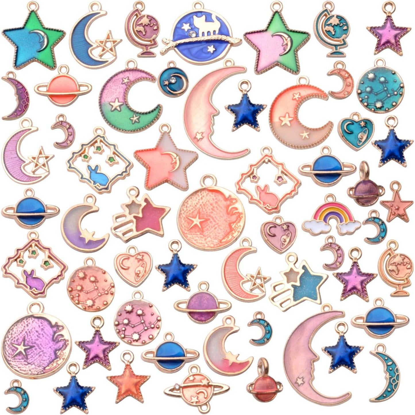 60pcs Mixed Enamel Heart Moon Star Charms Celestial Charm Jewelry Charms Pendants DIY for Earrings Necklace Bracelet Jewelry Making and Crafting, 3 Colors