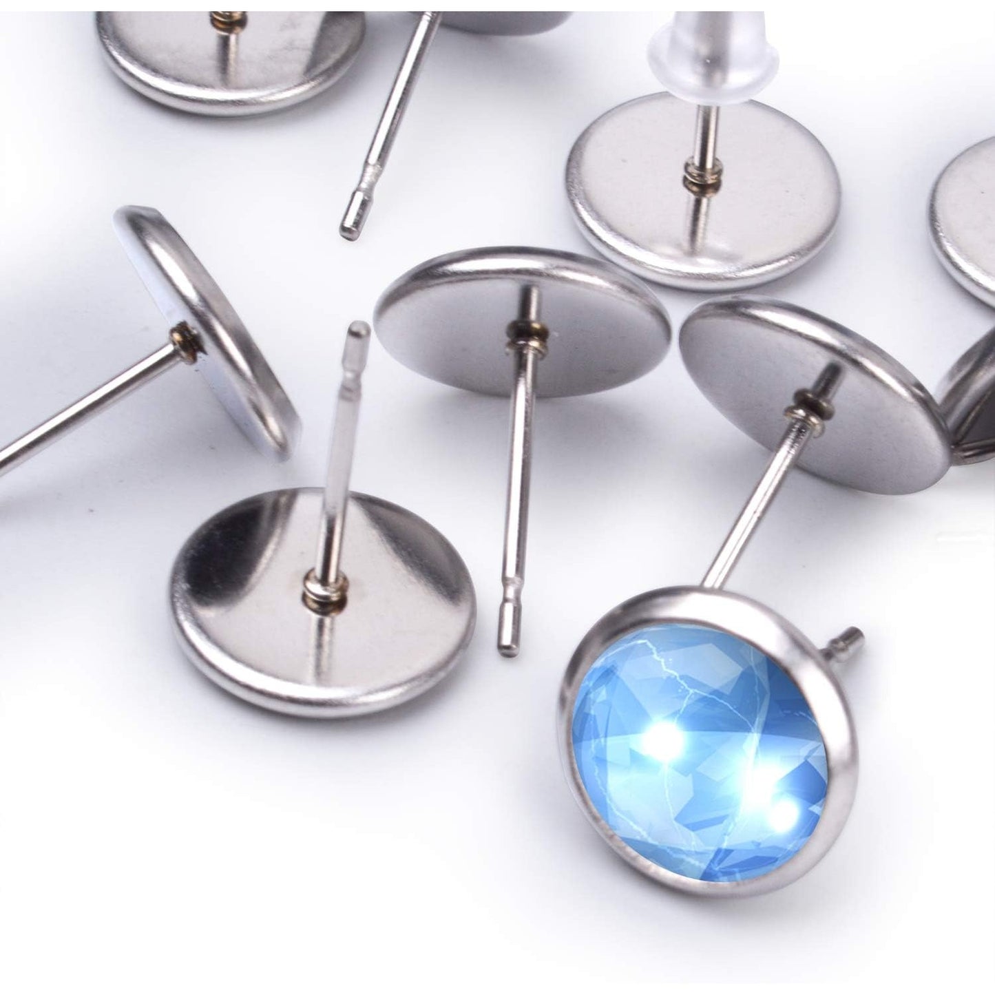 50 Pieces Stainless Steel Stud Silver Earring Cabochon Setting Post Cup for 10mm and 50 Pieces Clear Rubber Earring Safety Backs
