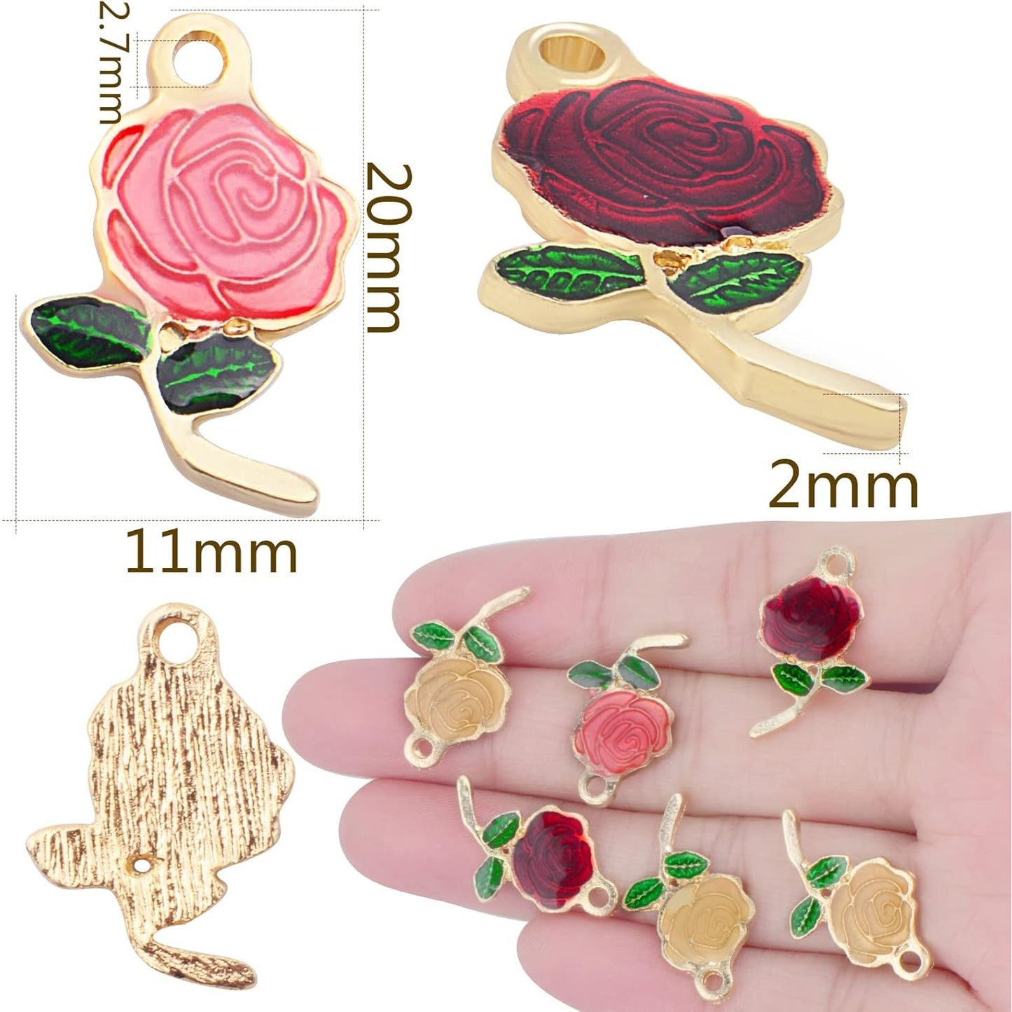 24pcs Enamel Rose Flower Charms Lovely Flower Bead Romantic Dangle Pendants Jewelry Findings for DIY Earrings Necklace Bracelet Valentine's Gifts, 3 Colors