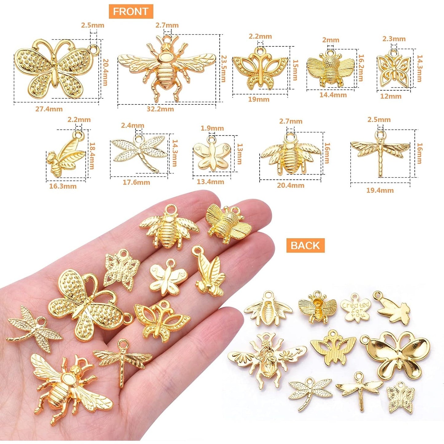 100pcs Gold Plated Mixed Butterfly Dragonfly Honeybee Charms Alloy Insect Dangle Pendants Craft Supplies for DIY Necklace Bracelet Jewelry Making Findings Accessory, 10 Styles