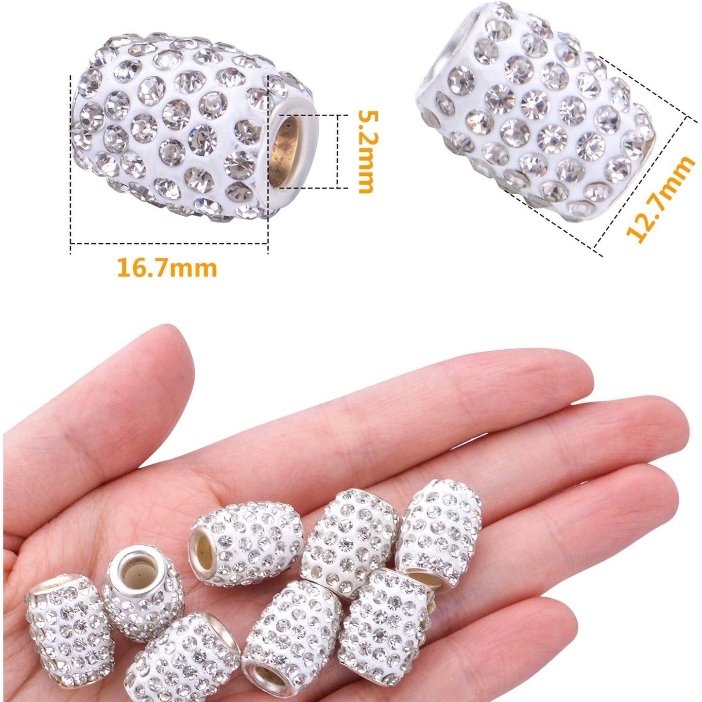 30pcs Rhinestone Barrel Beads Polymer Clay Crystal European Beads Loose Charm Beads with 5.2 mm Large Hole for DIY Snake Chains Bracelet Jewelry Making Accessories, White