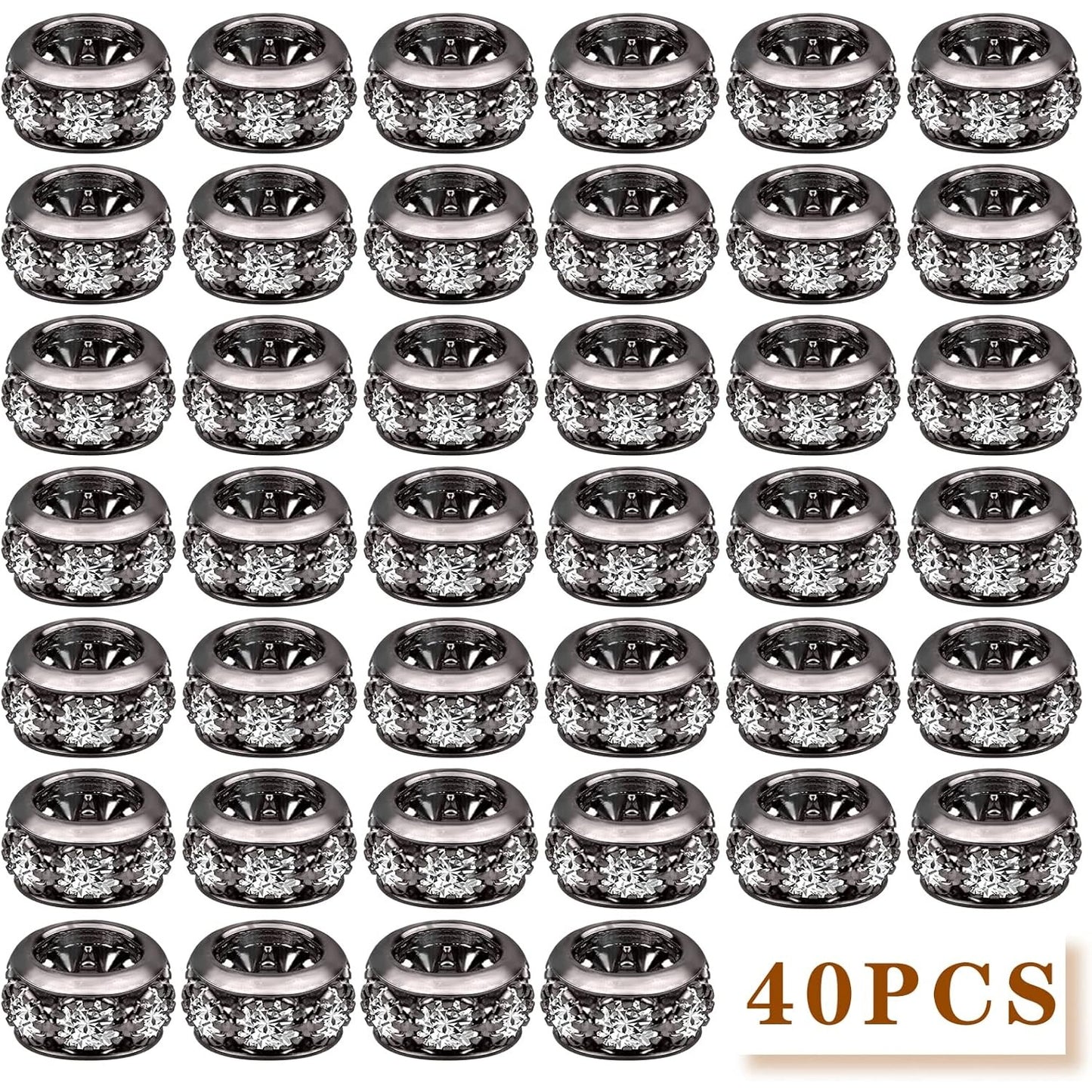 40pcs Large Hole Rhinestone Spacer Beads European Crystal Rondelle Loose Beads Handmade Accessories for DIY Bracelet Snake Chain Jewelry Making Supplies, Gun Black