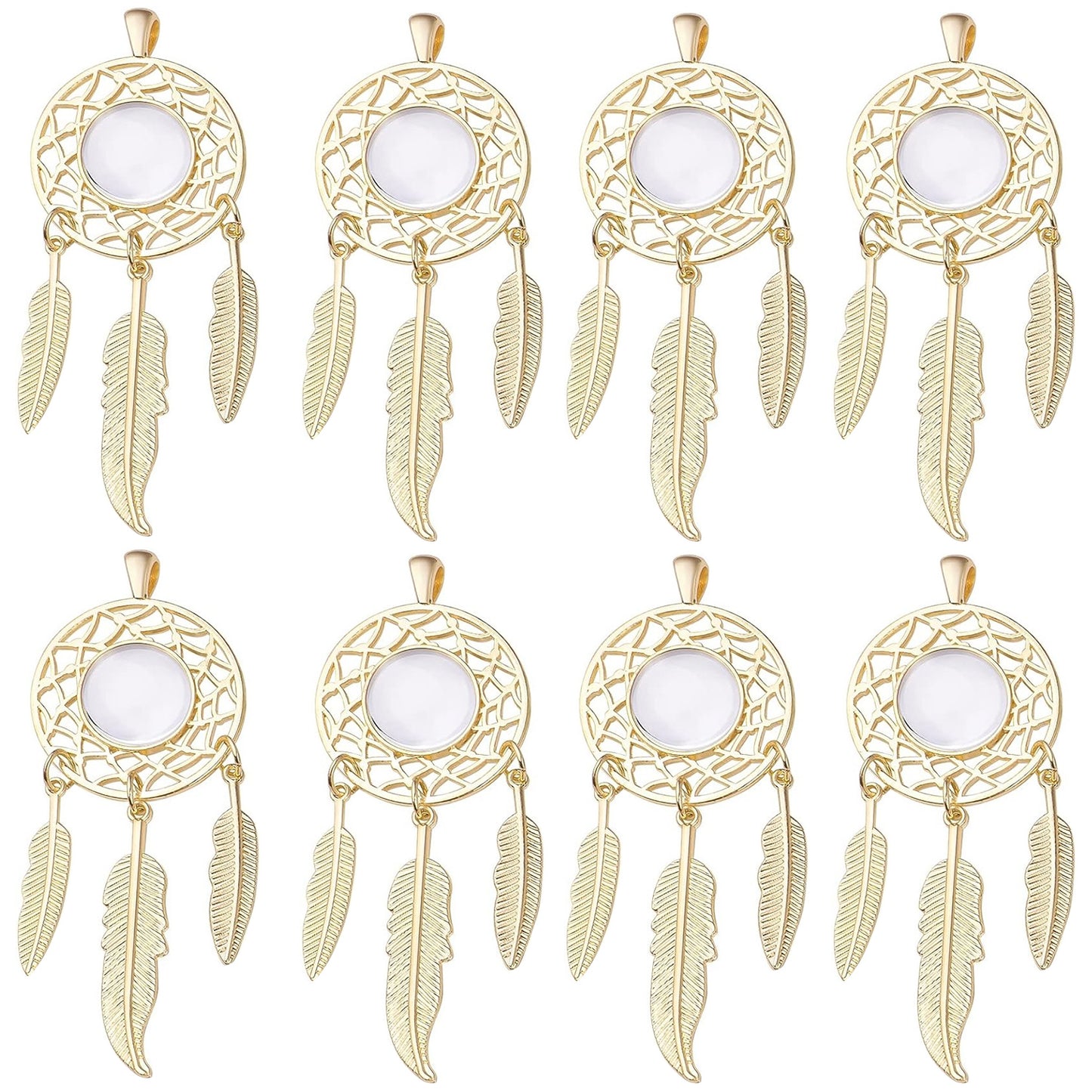 8 Sets Dream Catcher Pendant Trays Dangling Dreamcatcher Charms Feather Filigree Pendants Ornament with Clear Dome Glass Cabochons for DIY Jewelry Making, 4 Colors