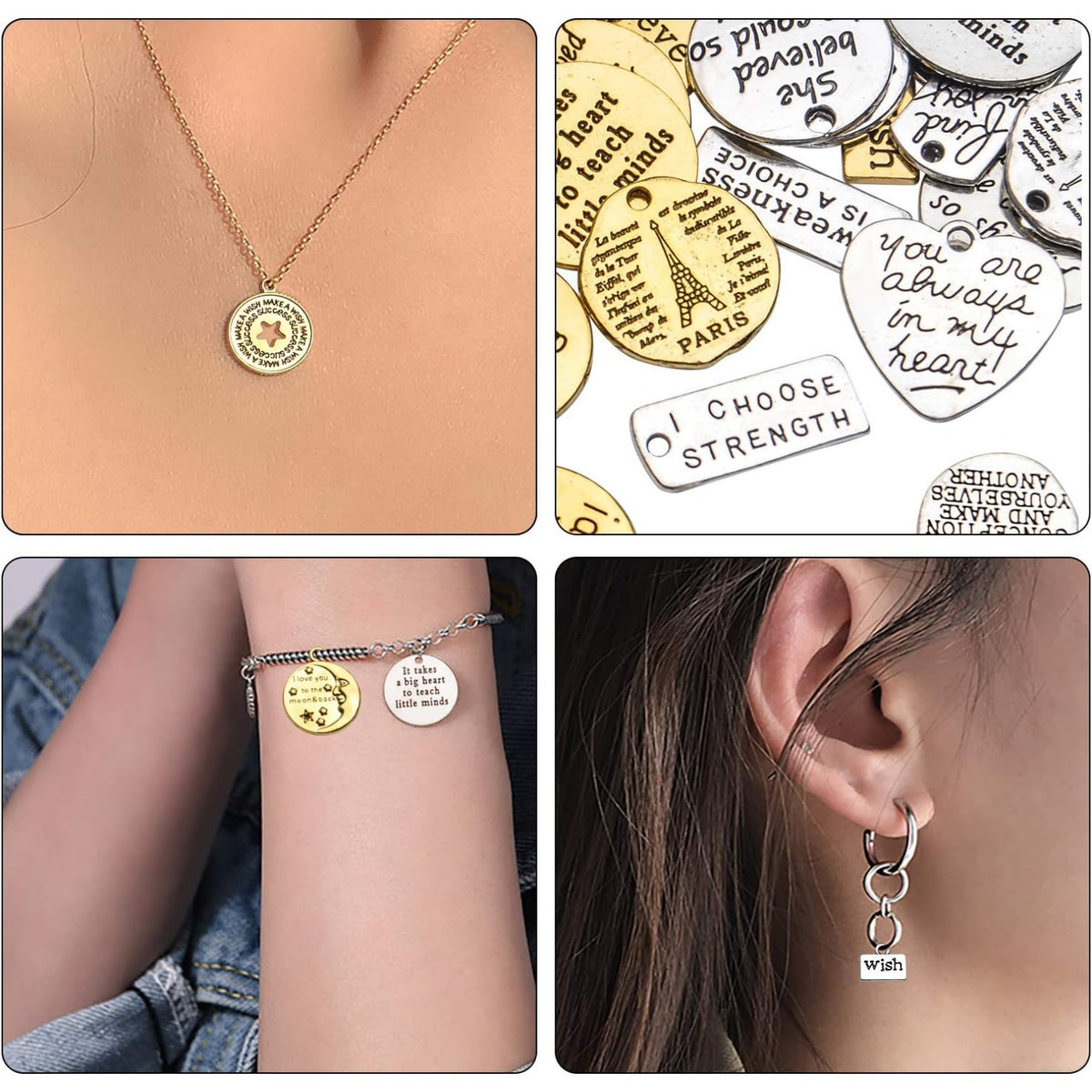 Words Pendant Charms, 46pcs Inspirational Words Charms Alloy Message Bead Pendants Accessory for DIY Necklace Bracelet Jewelry Making Crafting, Antique Golden and Silver