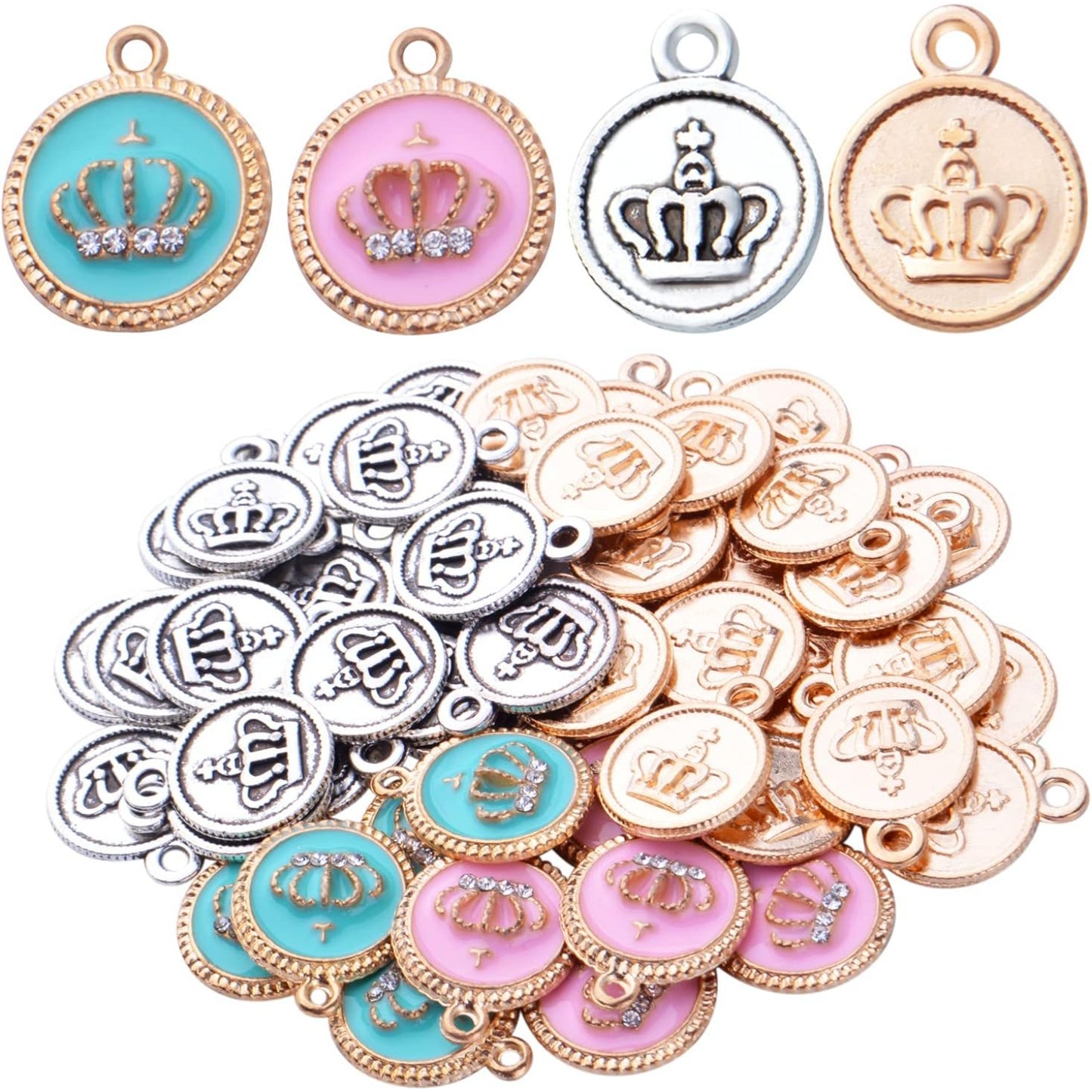 50pcs Enamel Diamond Round Crown Charms Alloy King Crown Pendant Charm Enamel Crown Bead Charms for DIY Necklace Bracelet Jewelry Crafts Making Accessories, 4 Colors