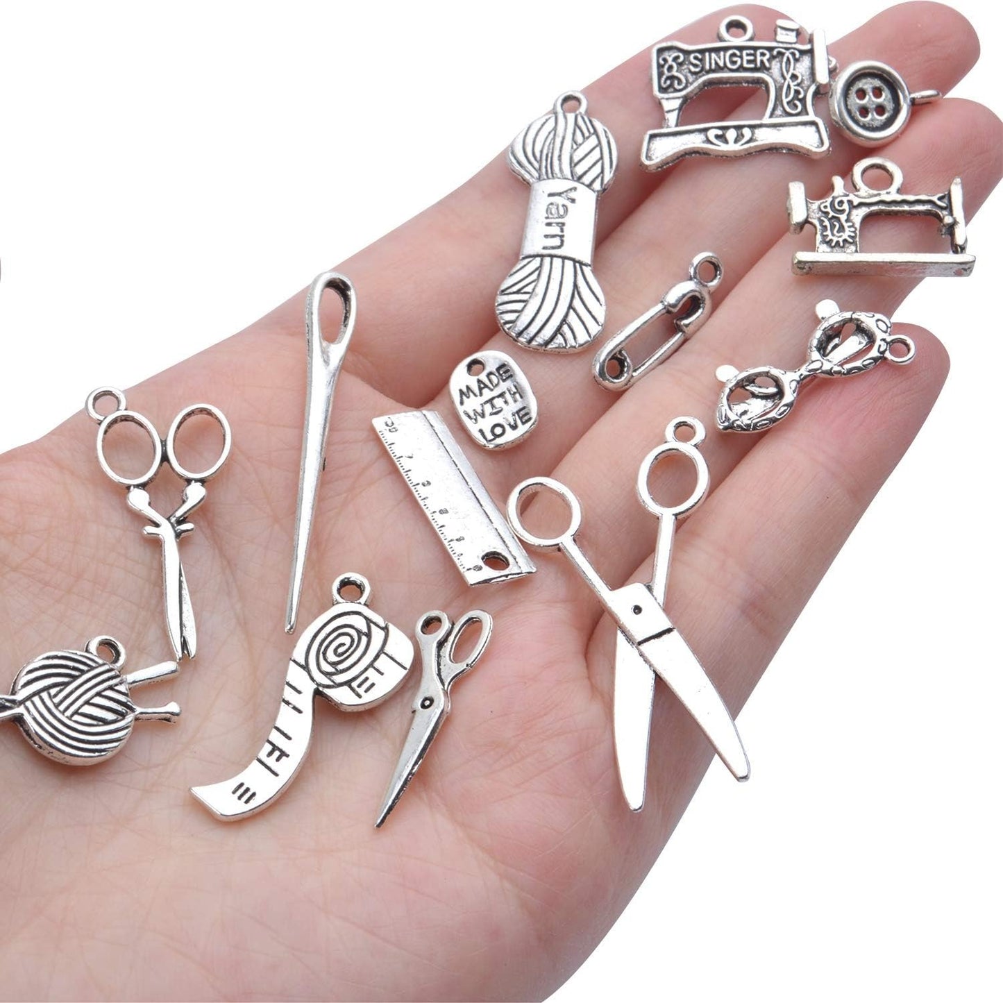 Sewing Charms Collection,44pcs Antique Silver Sewing Charms Scissor Pipe Yarn Clew Button Pendant Jewelry Making Findings for Necklace Bracelet Scrapbooking
