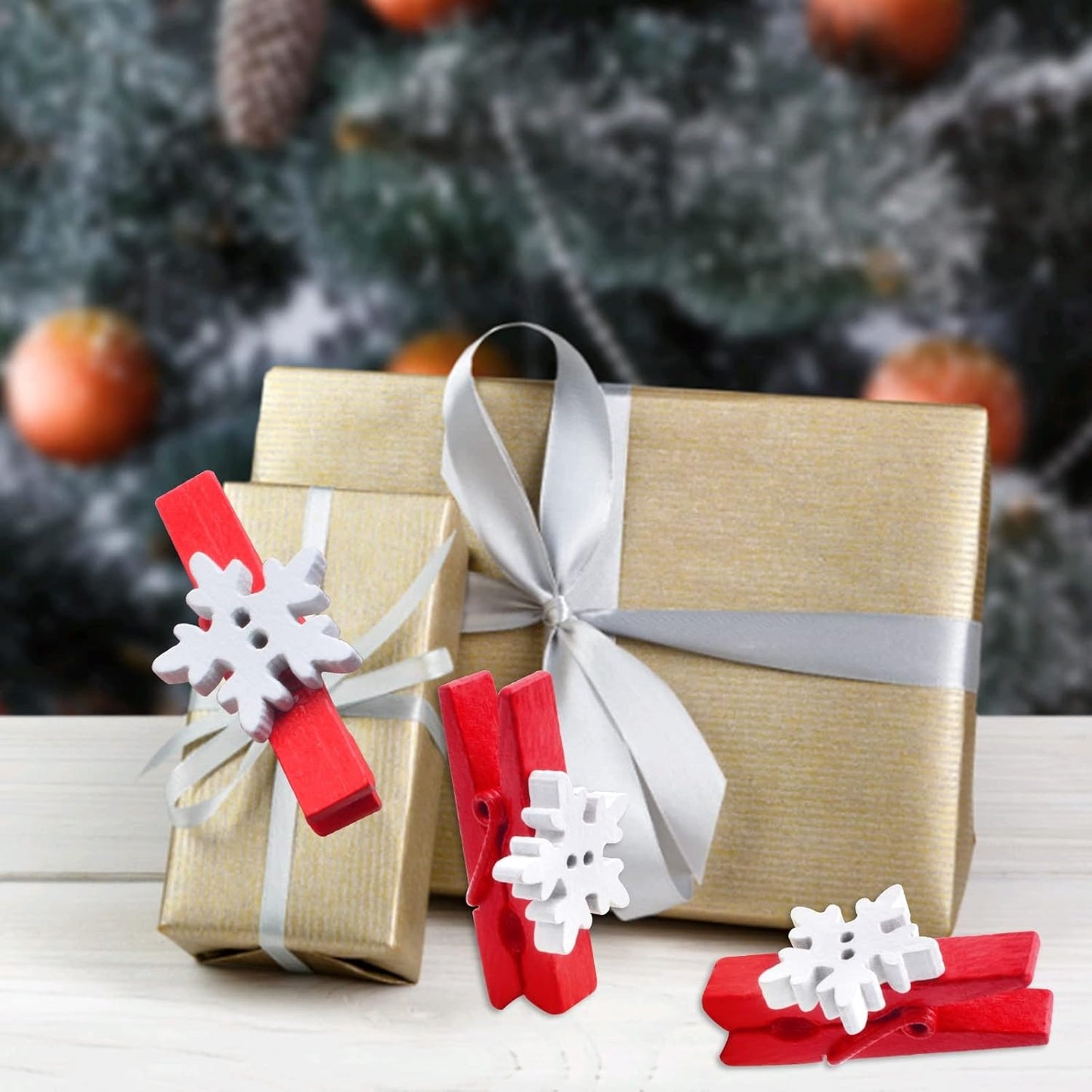 50 Pieces Snowflake Wood Clips Christmas Snowflake Wooden Clothespins Photo Frame Paper Peg Pins DIY Craft Clips for Home School Art Crafts, Red