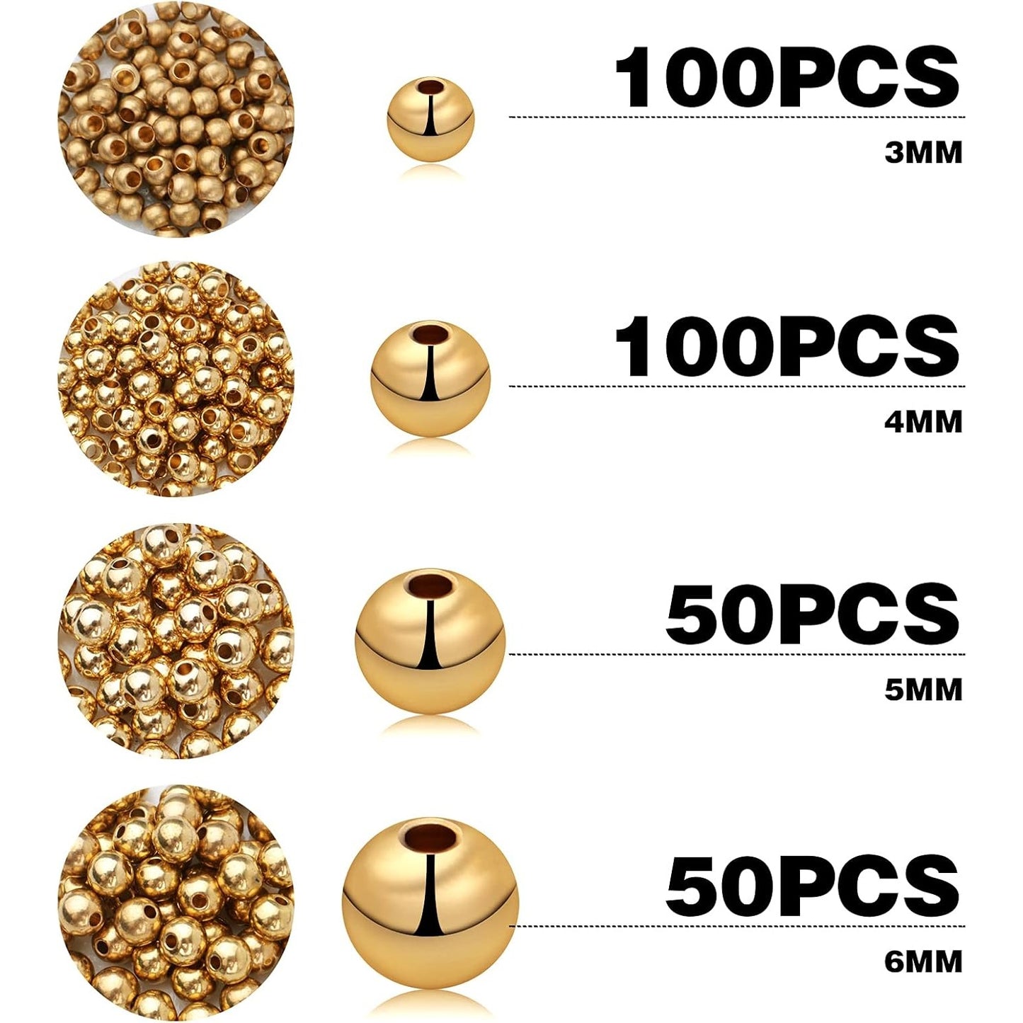 300pcs Gold Plated Round Spacer Beads Brass Tarnish Resistant Seamless Smooth Beads Loose Ball Beads for DIY Necklace Bracelet Crafts Jewelry Making Findings, 3 mm/4 mm/5 mm/6 mm