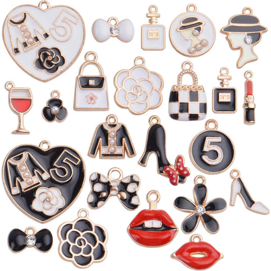 23pcs Mixed Women Make Up Charms Fashion Lipstick Dress Perfume Purse Charms Pendant for Jewelry Making Necklace Bracelet Earring