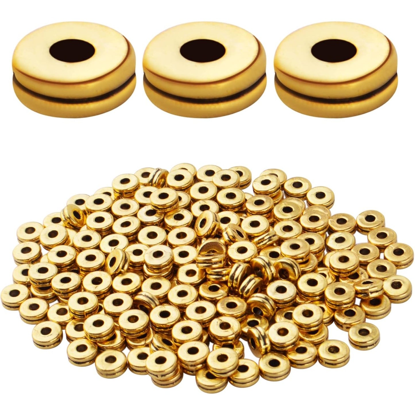 200pcs 6mm Flat Round Spacers Beads Alloy Rondelle Beads Disc Spacer Bead Loose Beads for DIY Bracelet Jewelry Crafts Making Accessory, Antique Gold