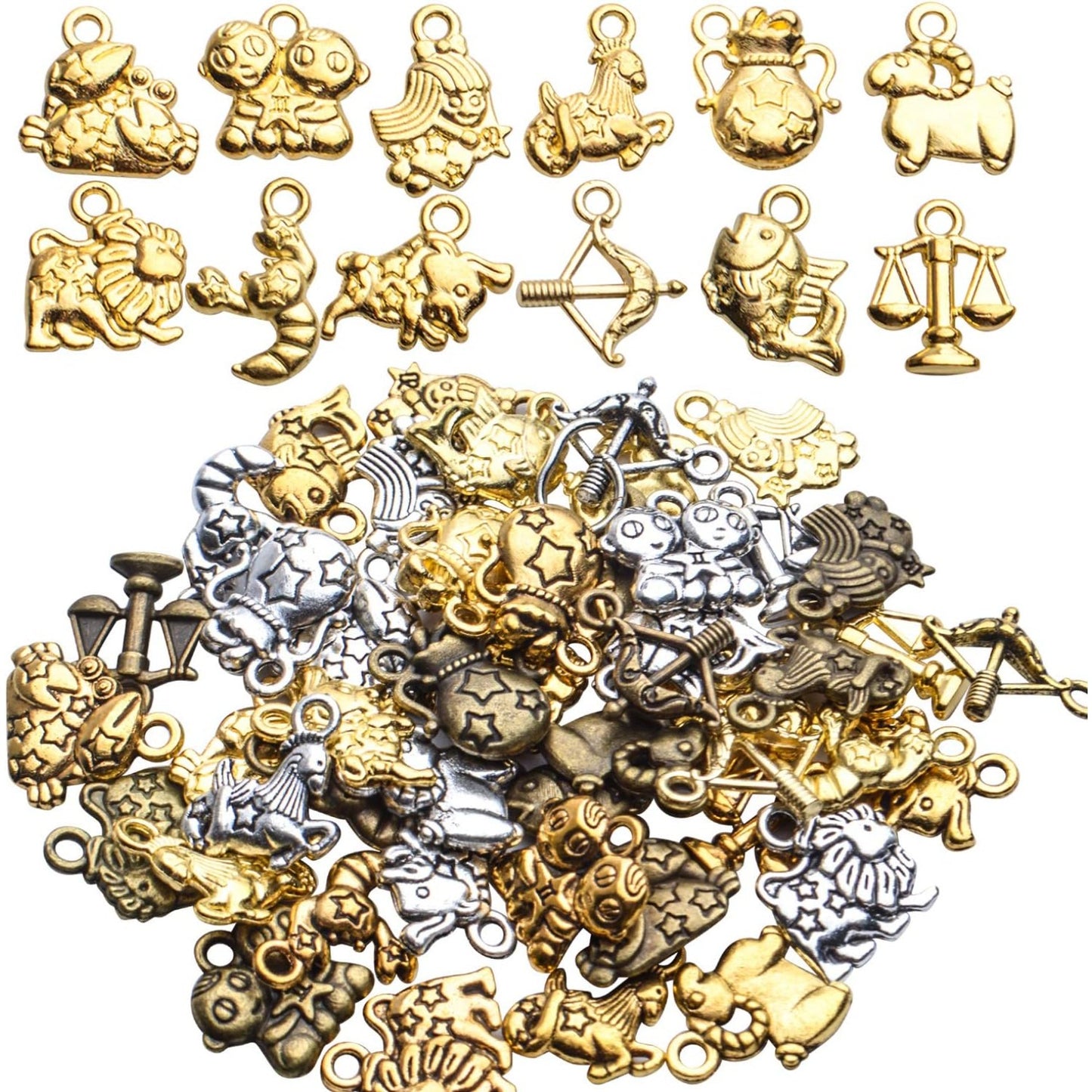 Constellation Charm Pendants,48pcs Constellation Zodiac Charms Zodiac Charms Bulk 12 Constellations Charms for Jewelry Making Necklace Bracelet Crafting,Antique Silver/Antique Golden/Golden/Bronze