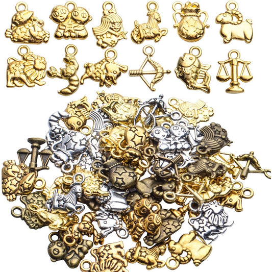 Constellation Charm Pendants,48pcs Constellation Zodiac Charms Zodiac Charms Bulk 12 Constellations Charms for Jewelry Making Necklace Bracelet Crafting,Antique Silver/Antique Golden/Golden/Bronze