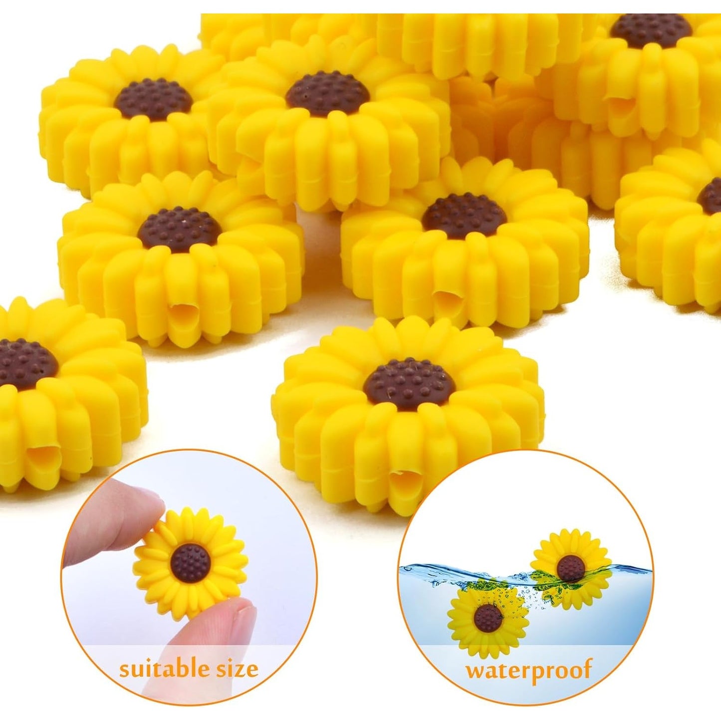 15pcs 19.5 mm Daisy Flower Silicone Beads Soft Silicone Sunflower Shape Loose Spacer Beads for DIY Garland Keychains Lanyard Jewelry Making Craft Decor, Yellow Brown