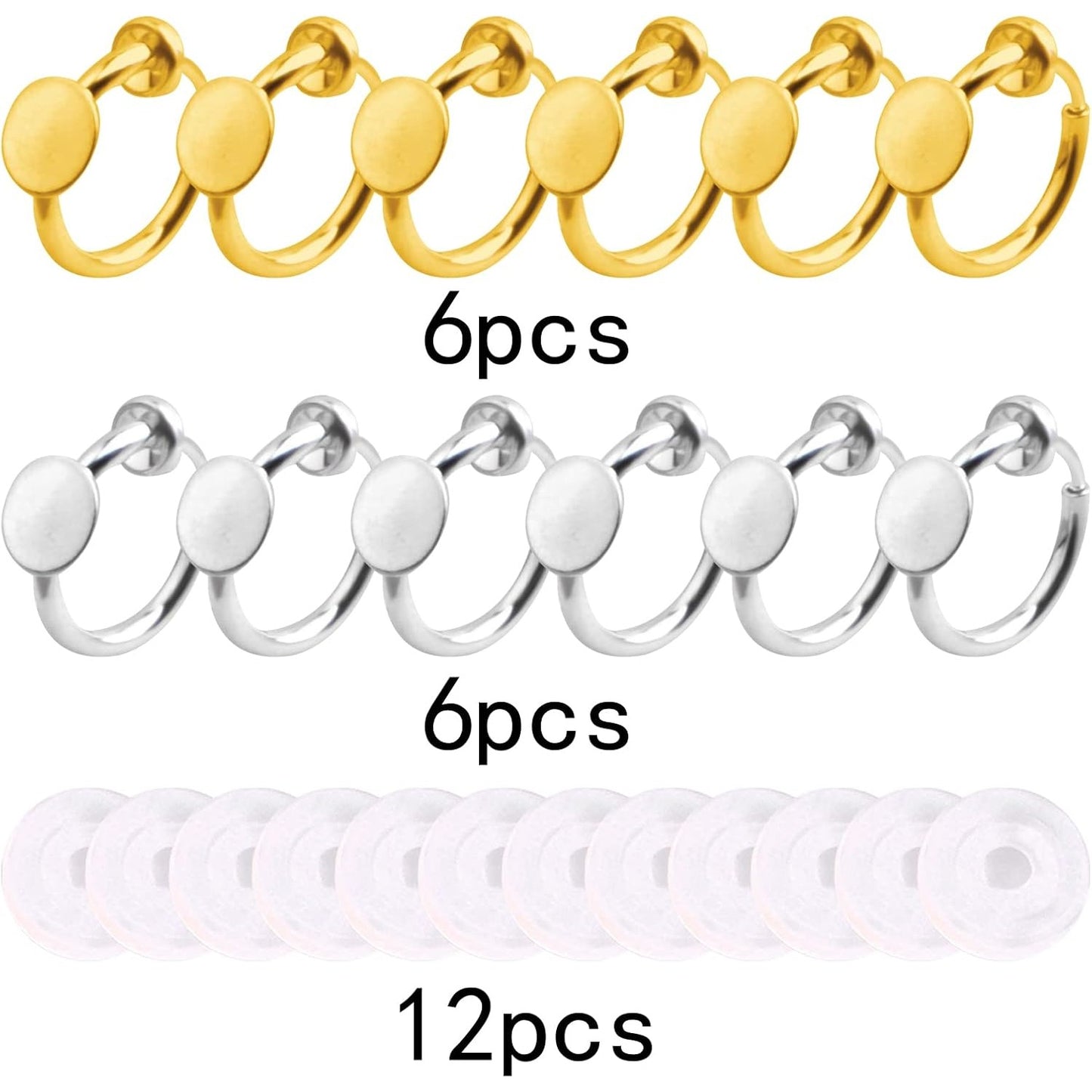 12pcs 2 Colors Clip-on Earring Converters Brass Earring Clips Components with 6 mm Flat Round Pad and 12pcs Clear Earring Cushions for Non-Pierced Ears DIY Jewelry Making Supplies