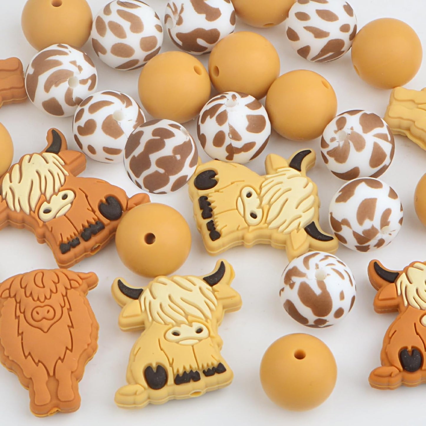 28Pcs Cow Silicone Beads Cute Animal Shaped Brown White Loose Round Cow Printed Spacer Beads Bulk for Necklaces Bracelets Keychain DIY Jewelry Making Crafts