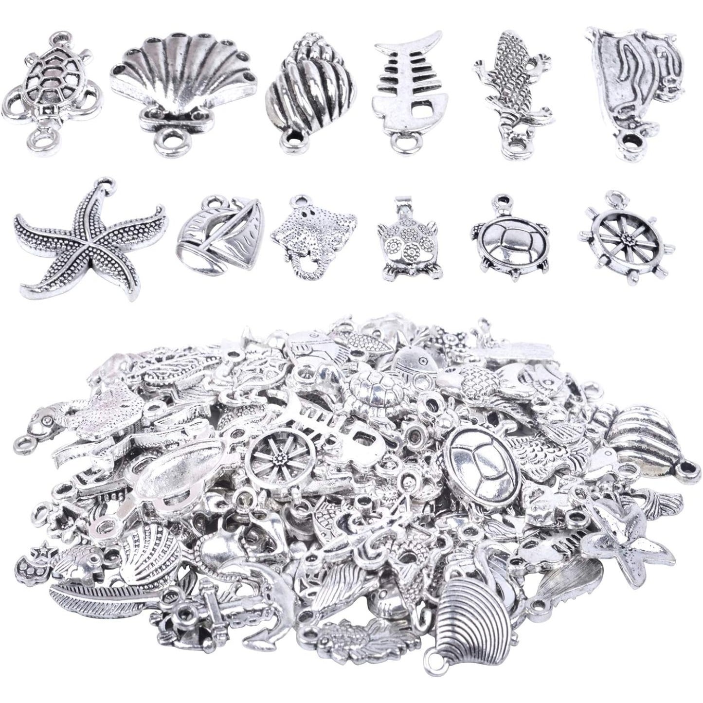 100pcs Mixed Antique Silver DIY Ocean Fish & Sea Creatures Charms Pendants for Making Bracelet and Necklace